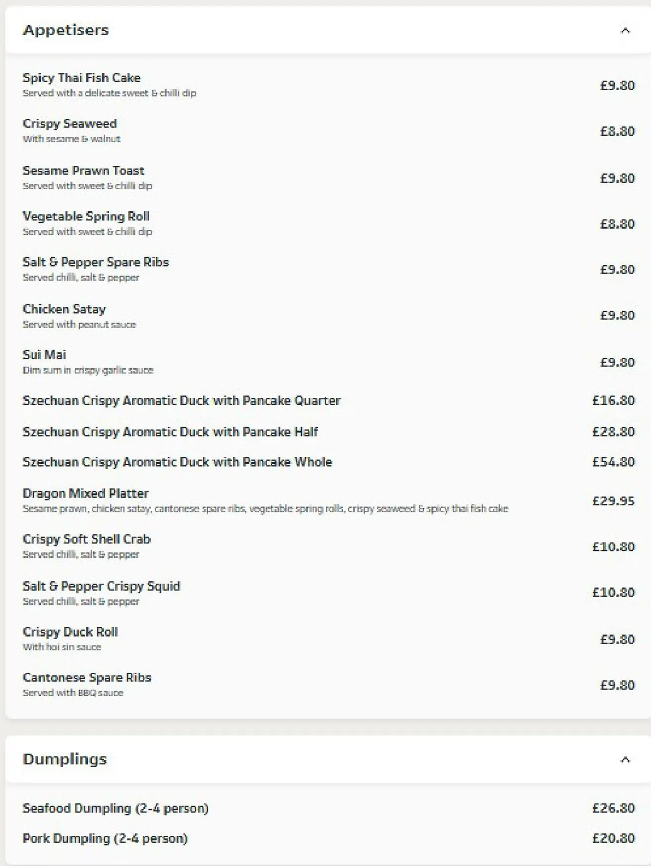 Oriental Dragon menu, page 2