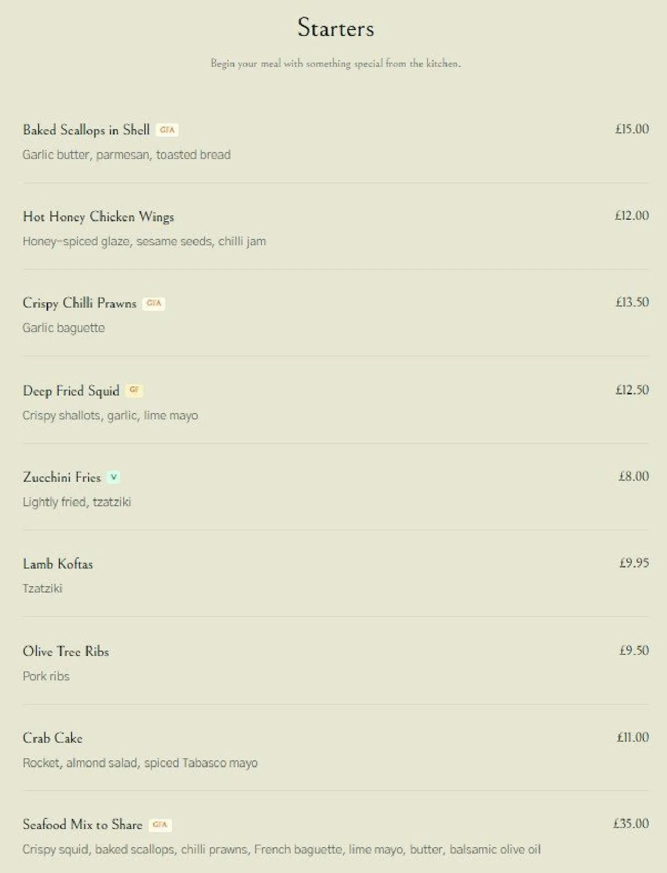 The Olive Tree menu, page 2