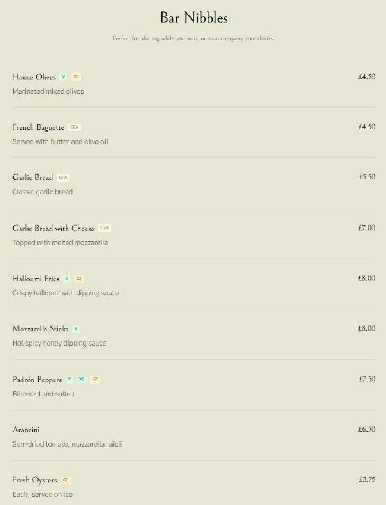 The Olive Tree menu, page 1