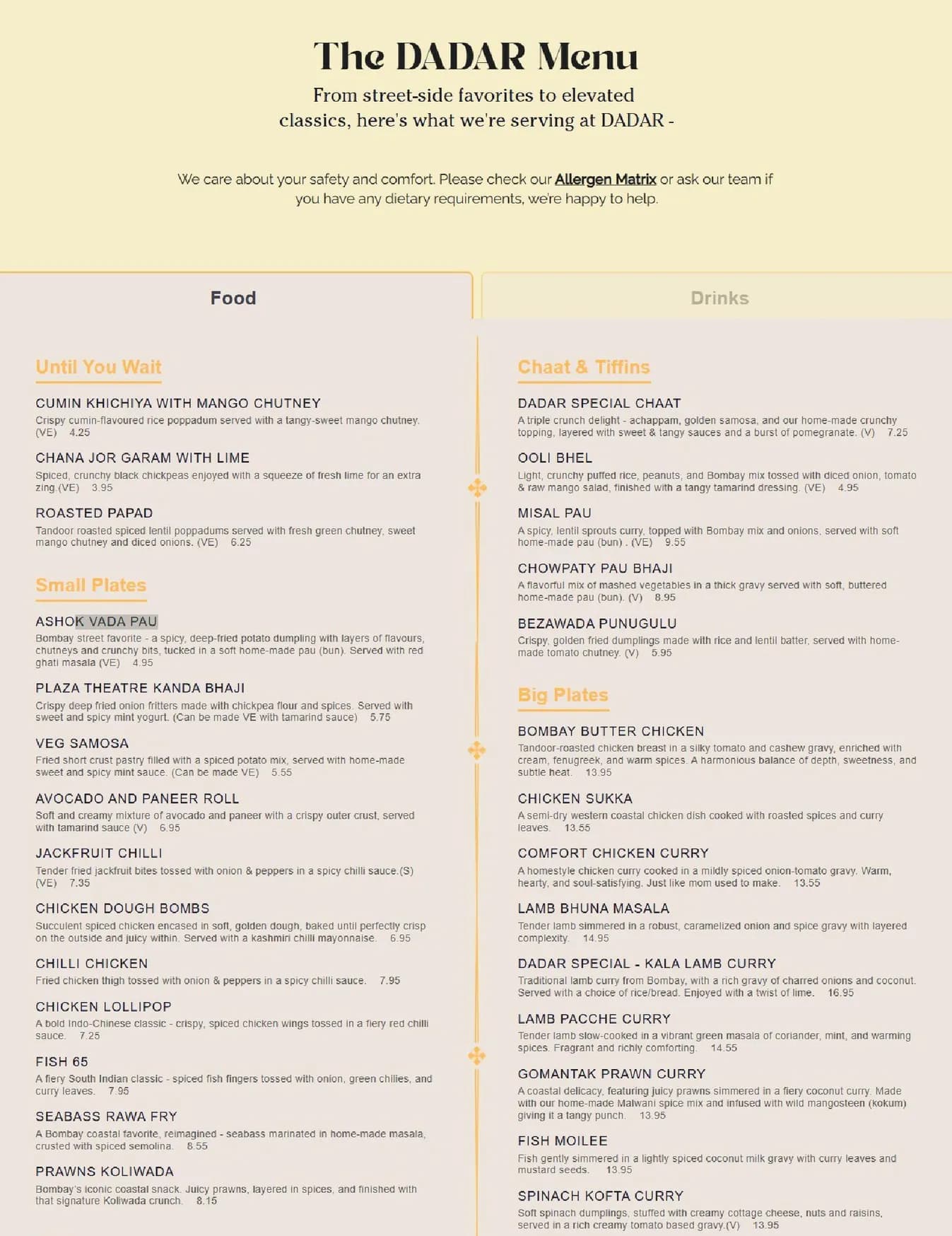 Dadar menu, page 1