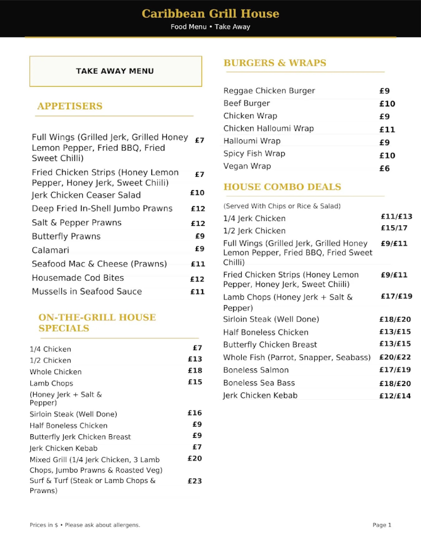 Caribbean Grill House menu, page 1