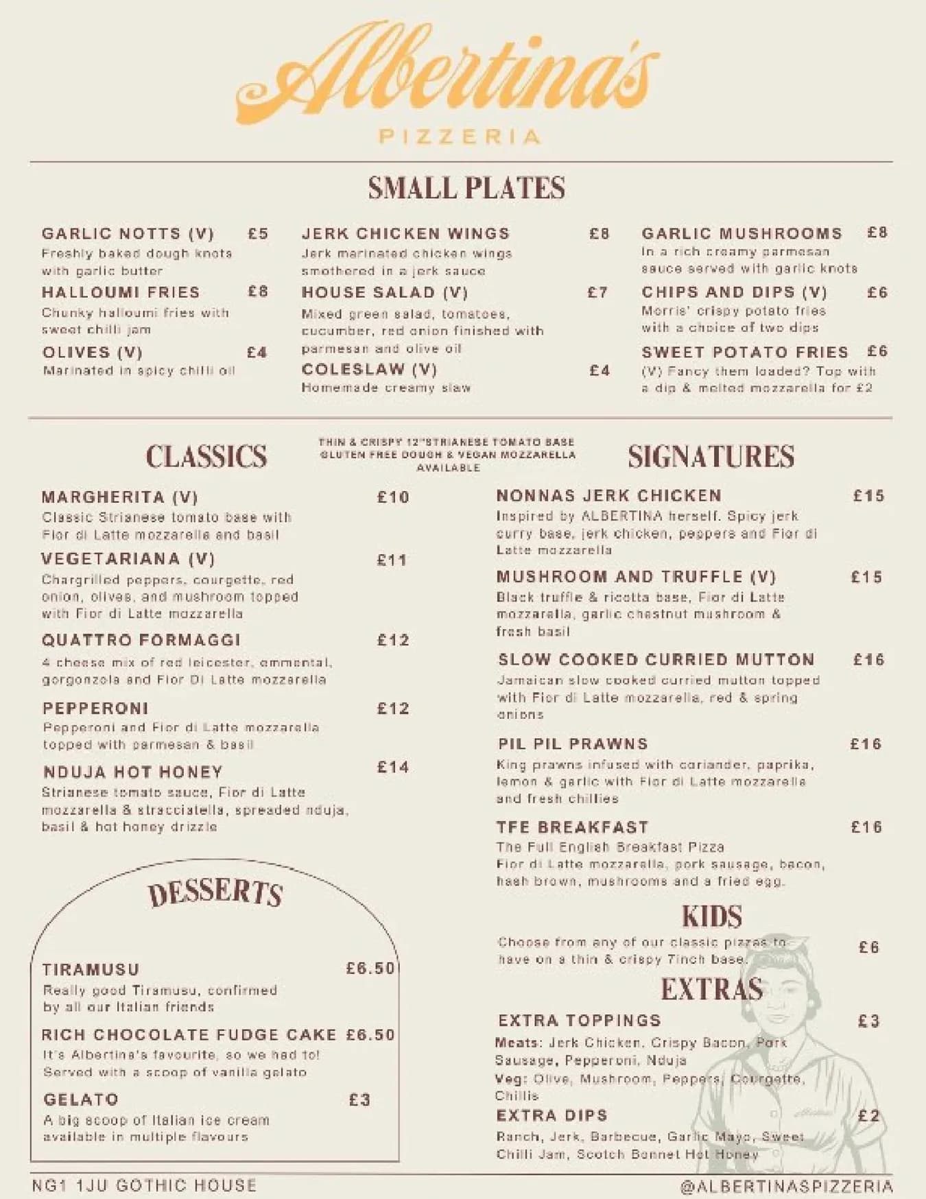 Albertina's Pizzeria menu, page 1