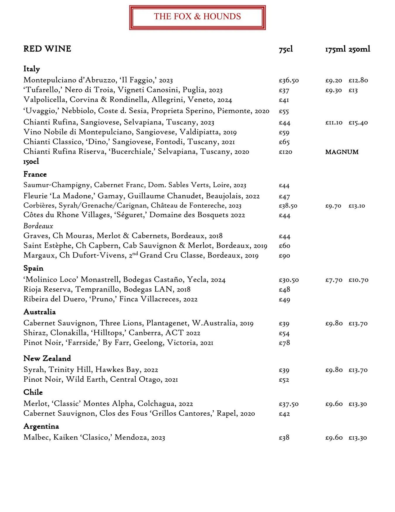 The Fox & Hounds menu, page 2