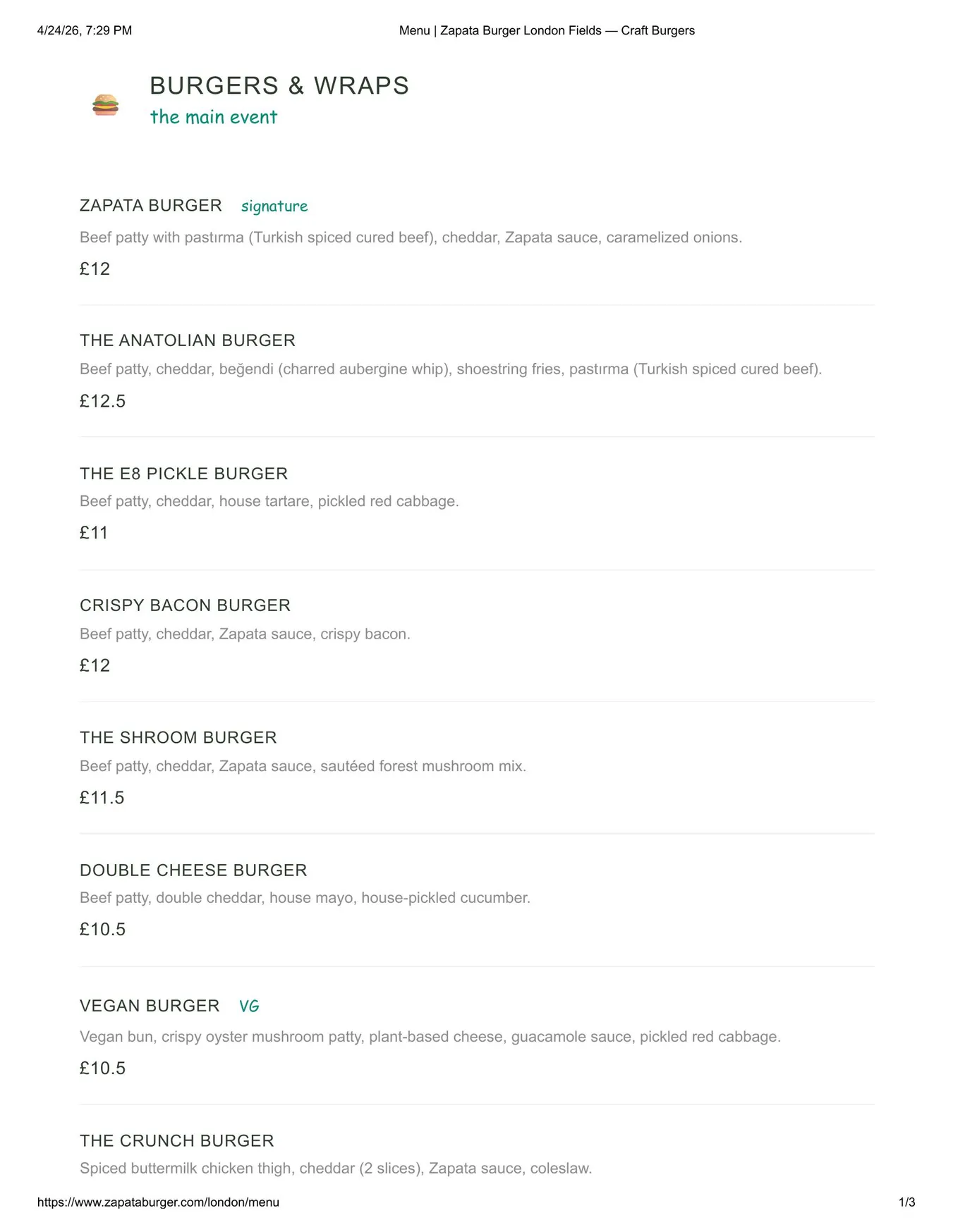 Zapata Burger menu, page 1