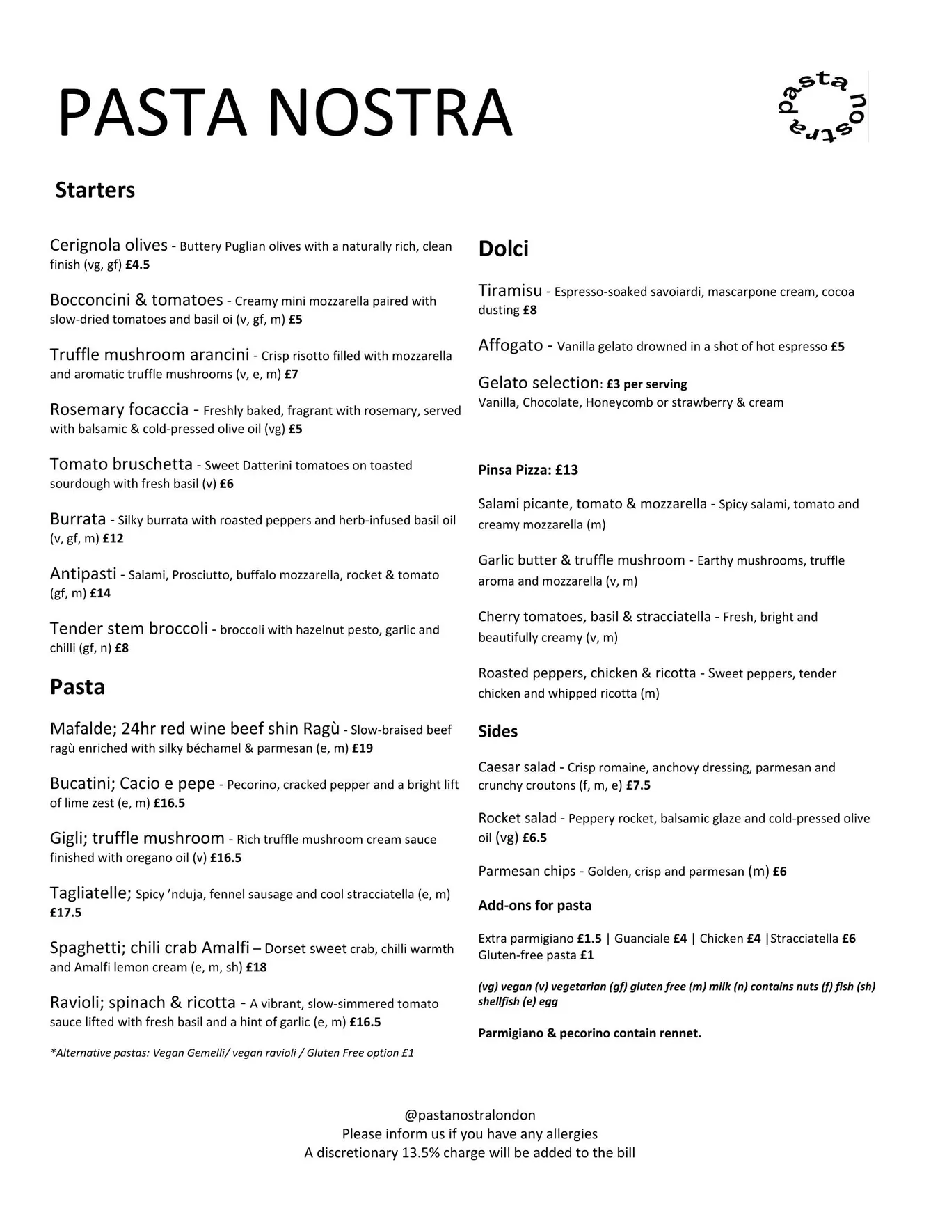 Pasta Nostra menu, page 1