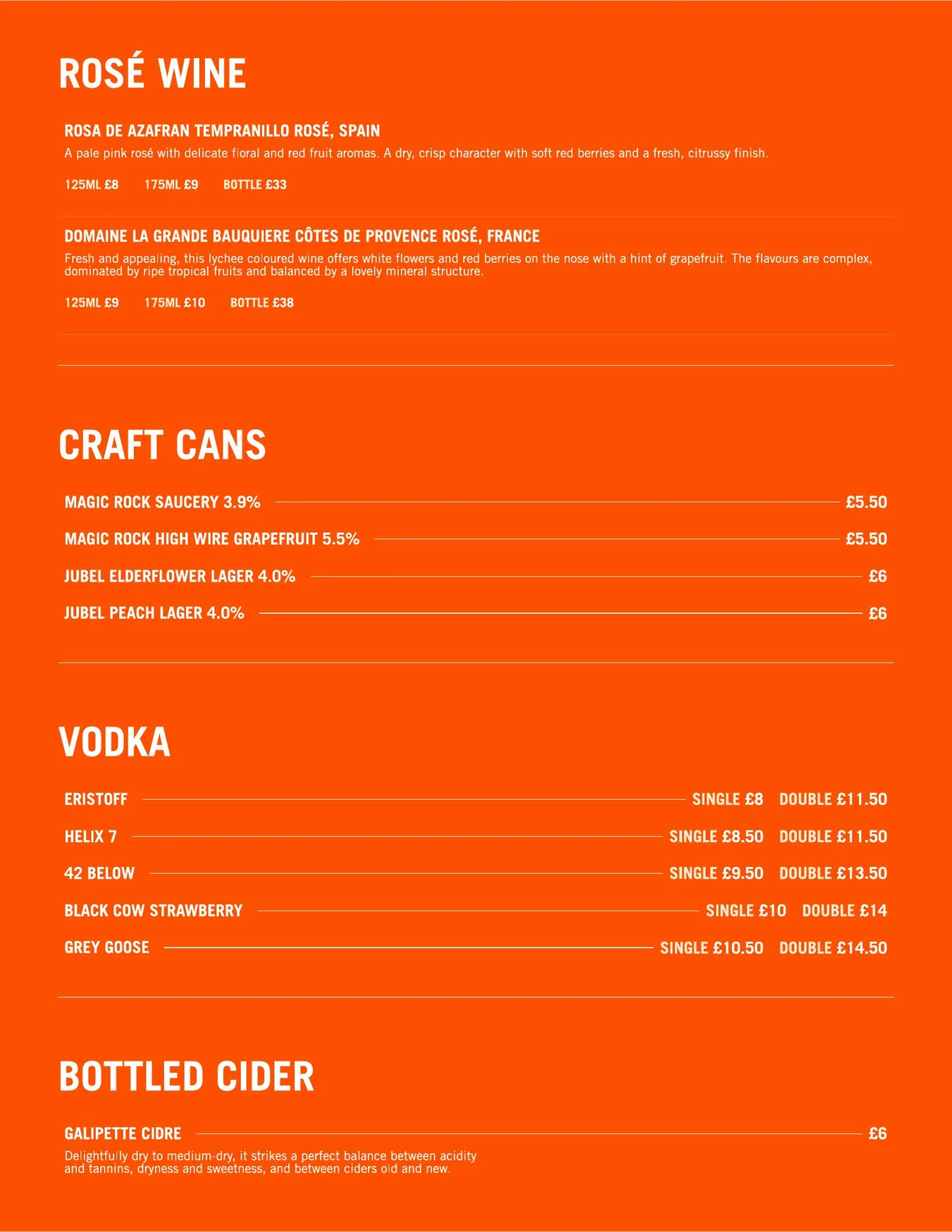 London Bridge Rooftop menu, page 6