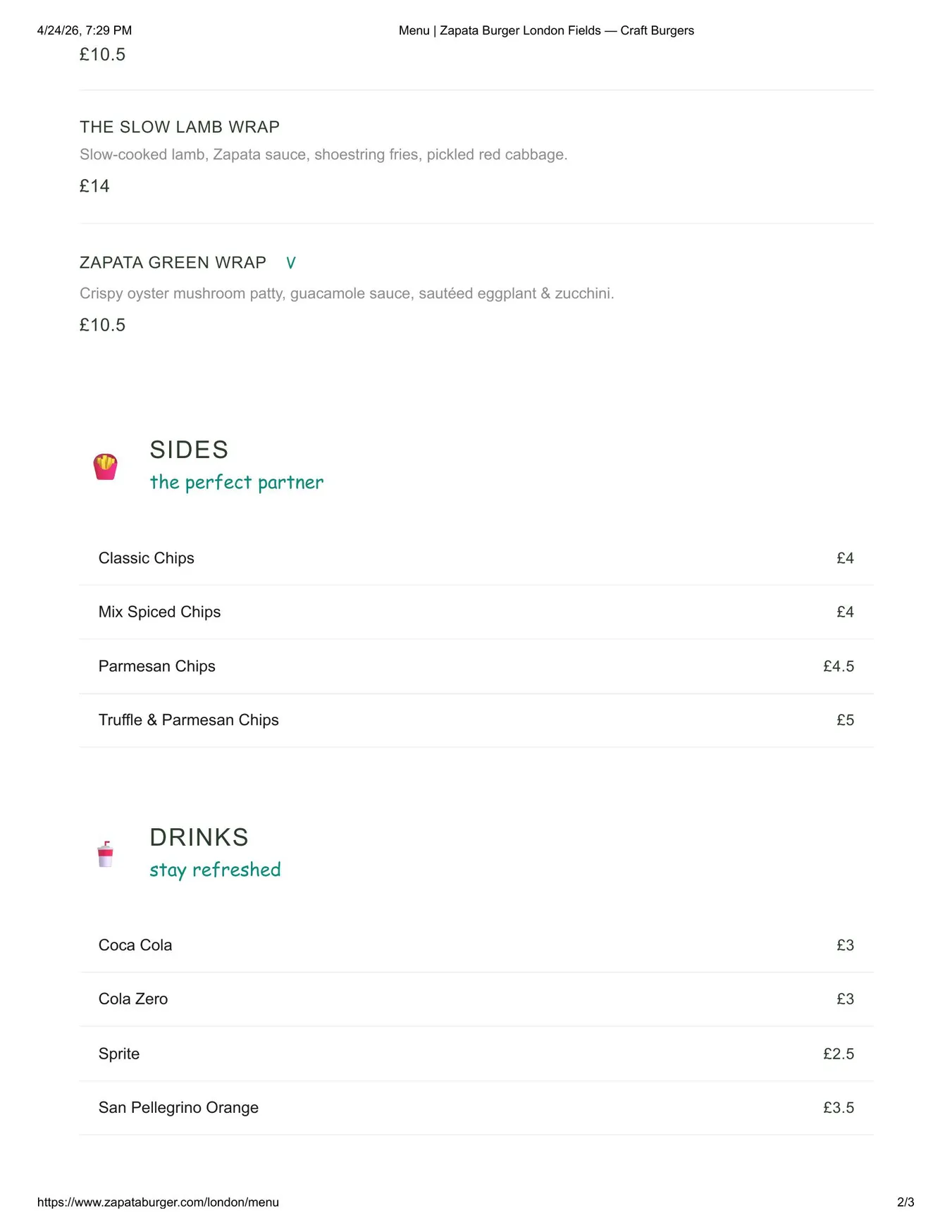 Zapata Burger menu, page 2