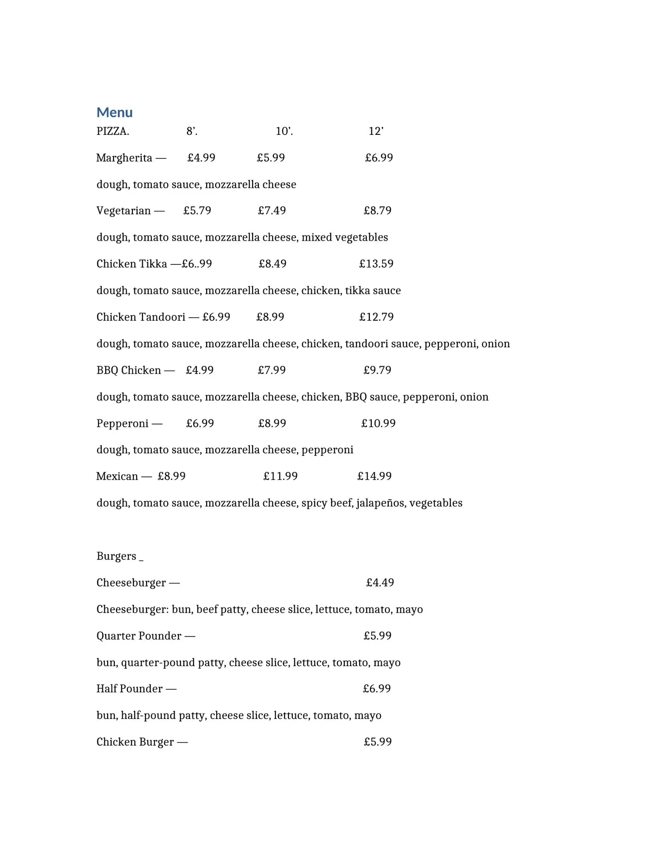 Ultra Lounge menu, page 1