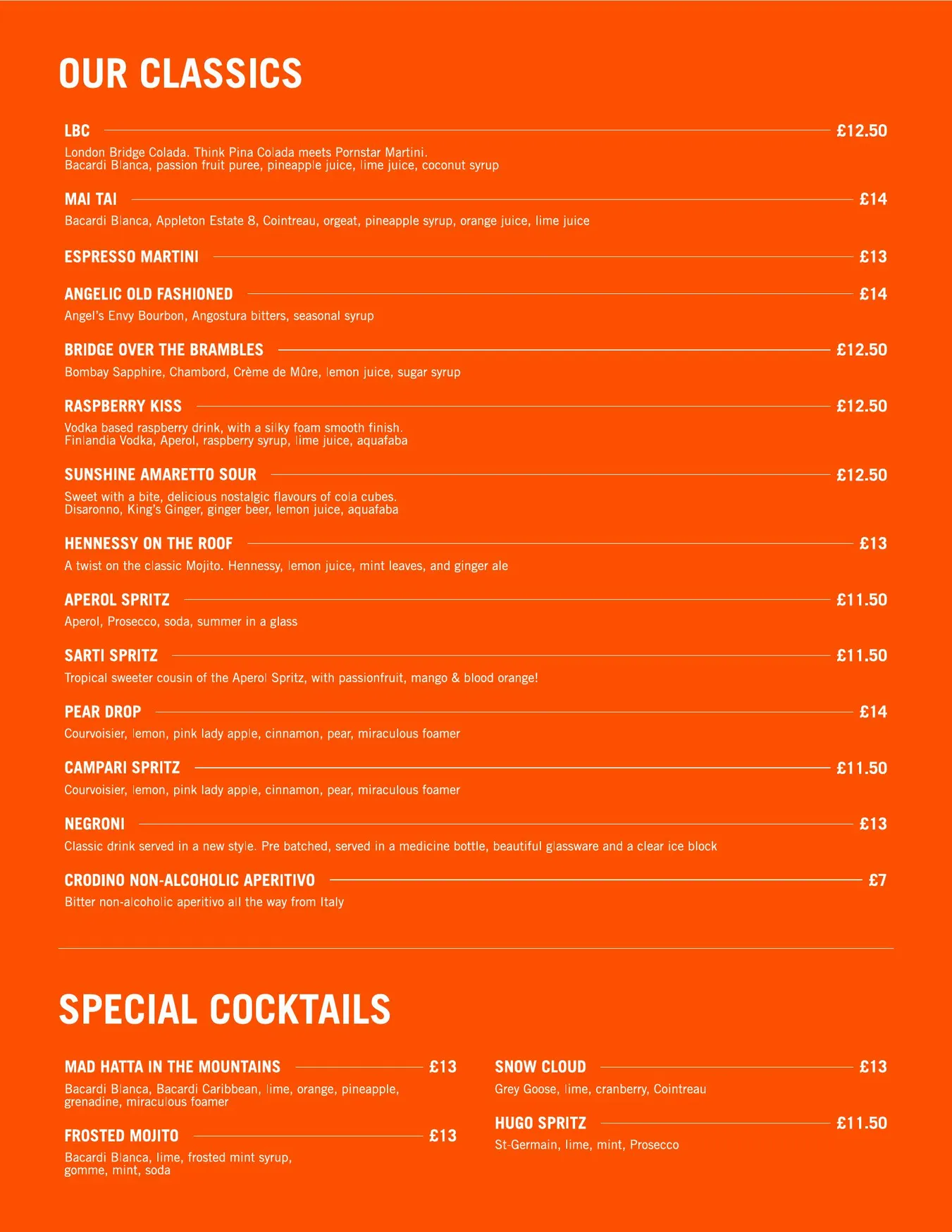 London Bridge Rooftop menu, page 2