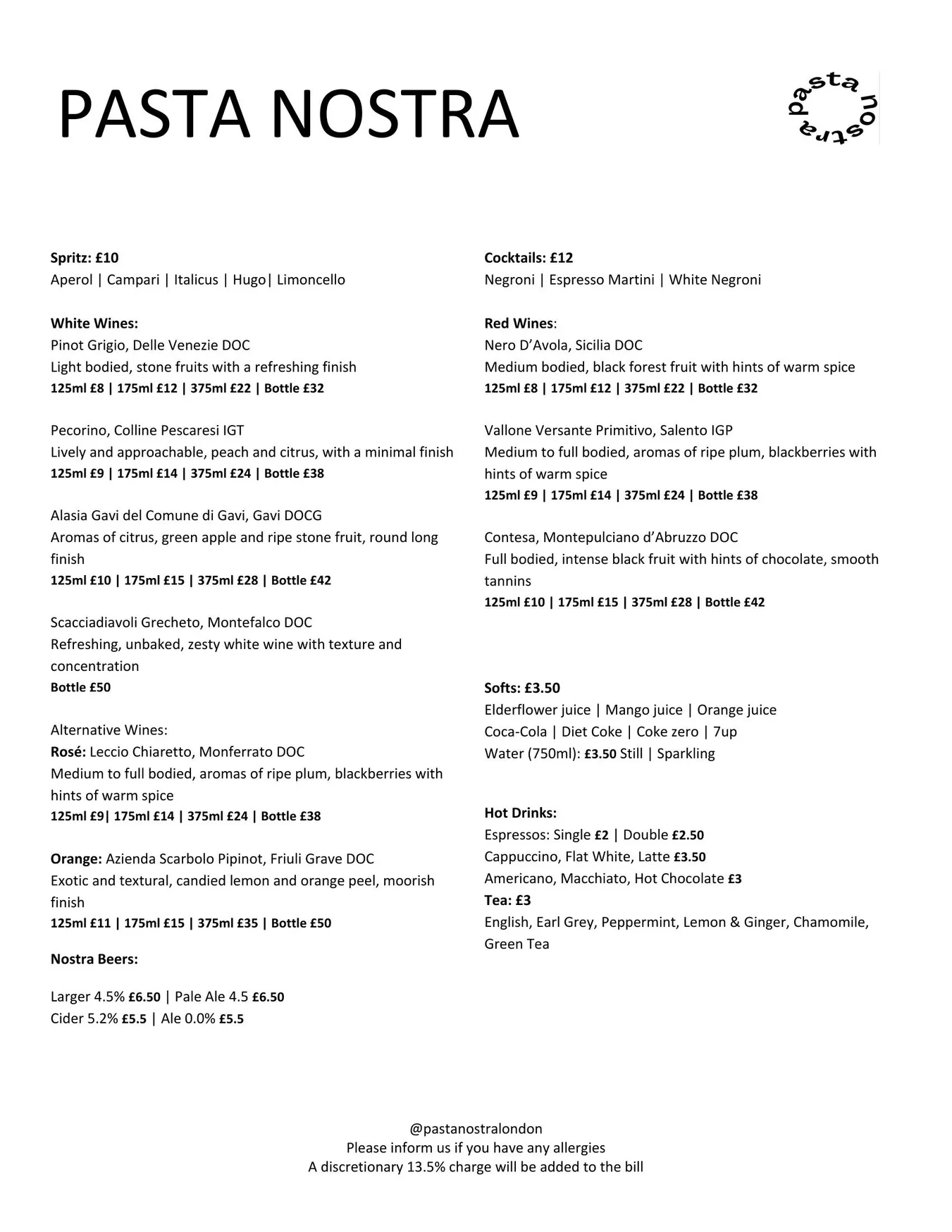 Pasta Nostra menu, page 2