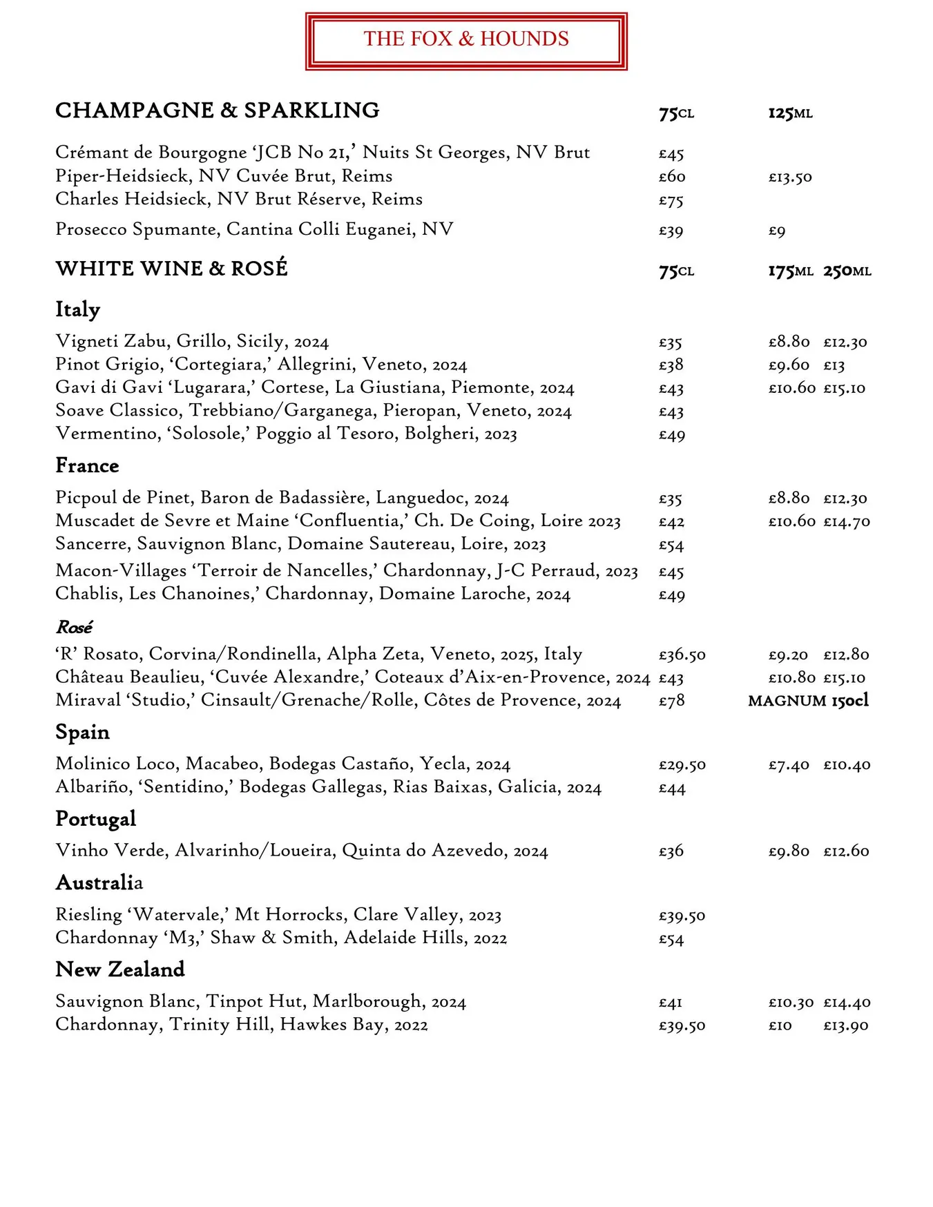 The Fox & Hounds menu, page 1