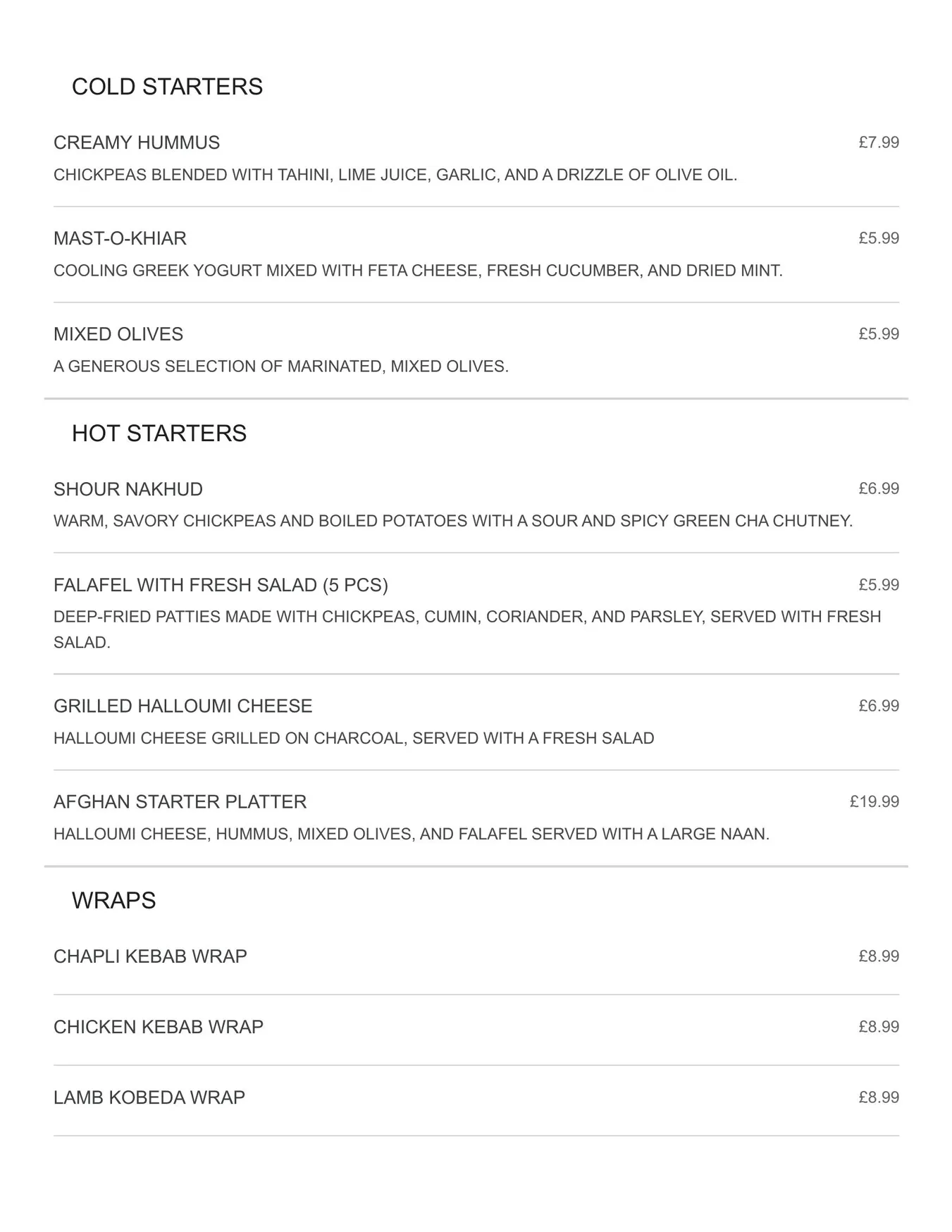 Afghan Eats menu, page 1
