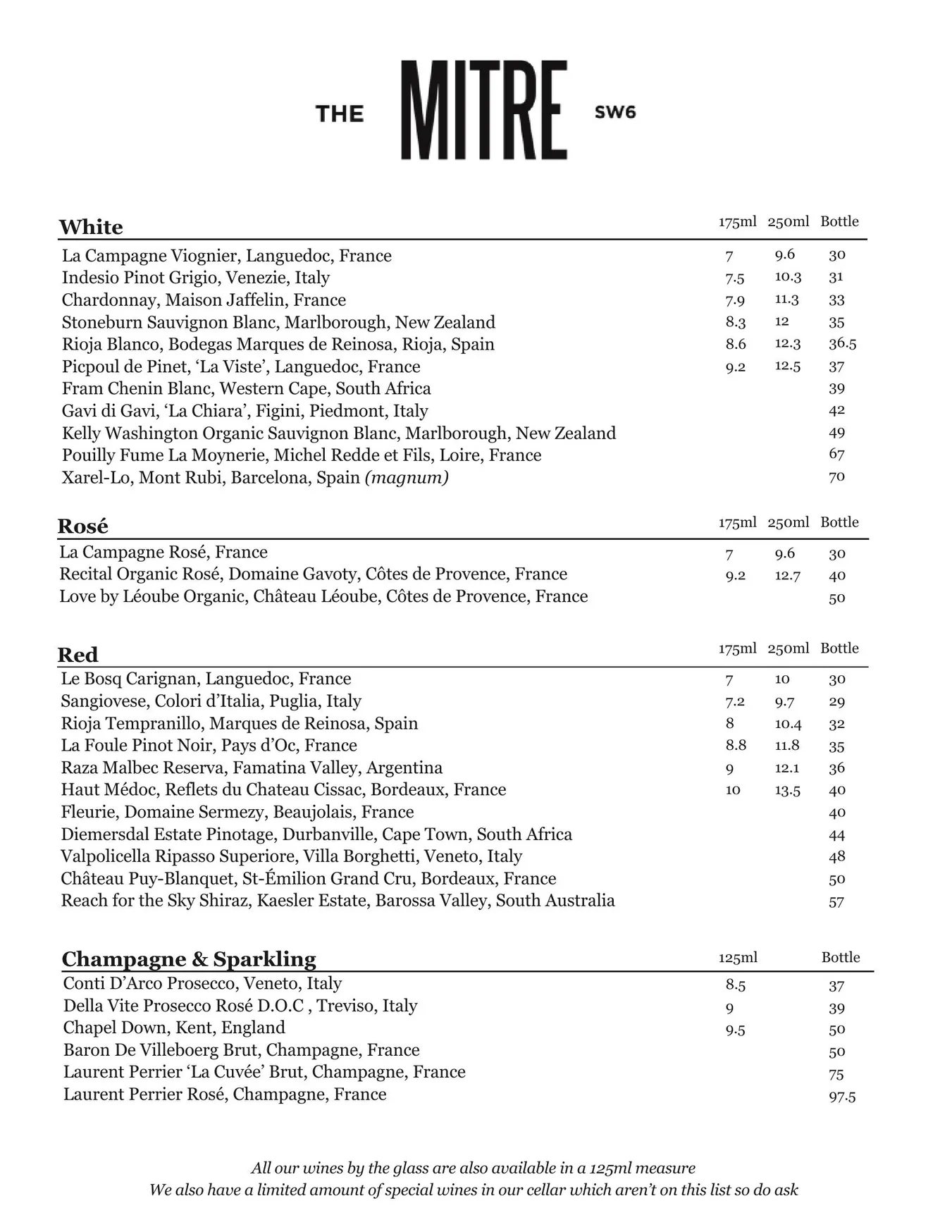 The Mitre Fulham menu, page 2