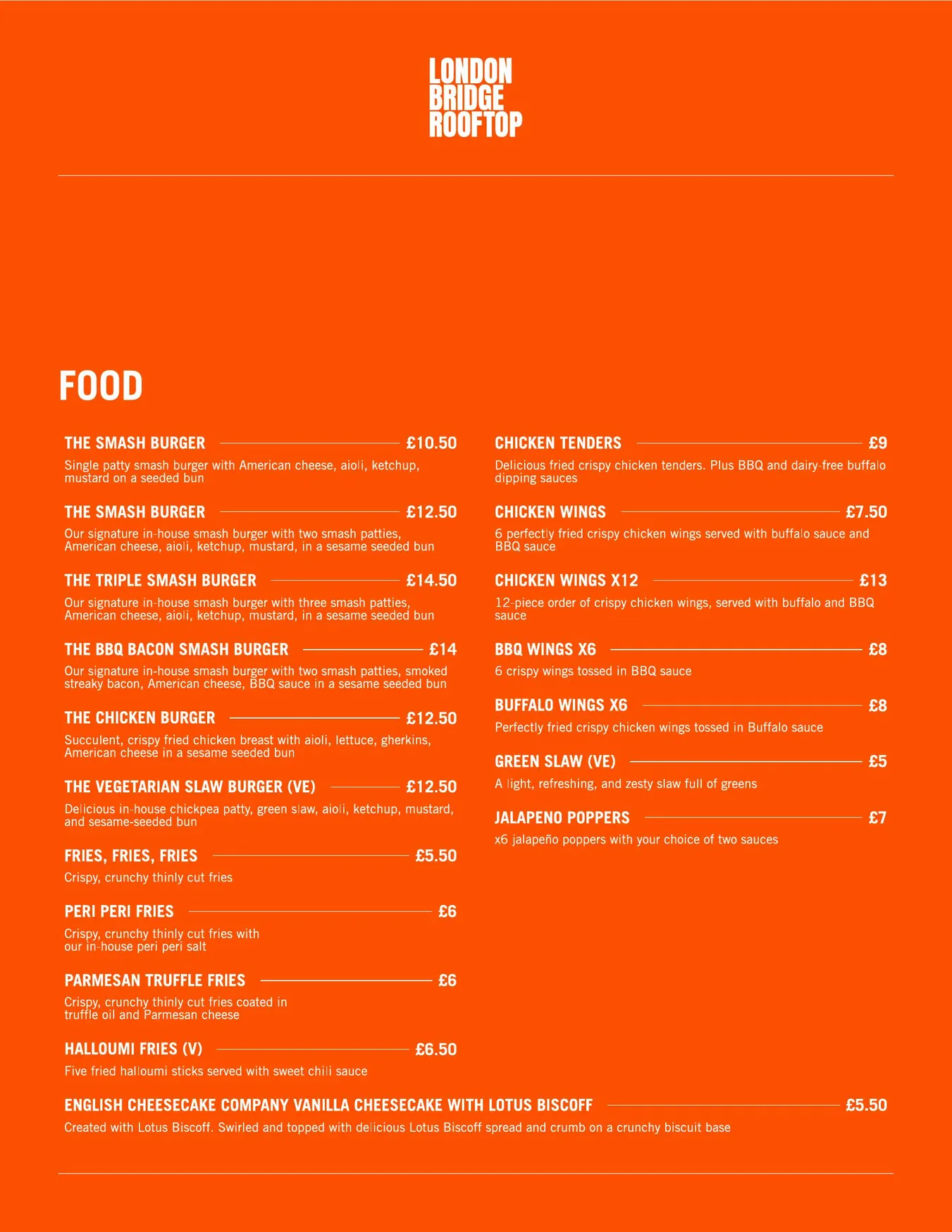 London Bridge Rooftop menu, page 1