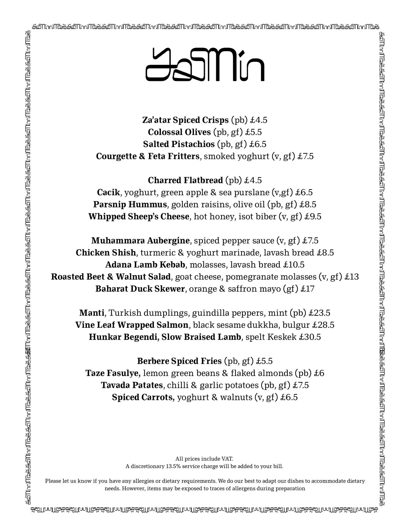 Yasmin menu, page 1