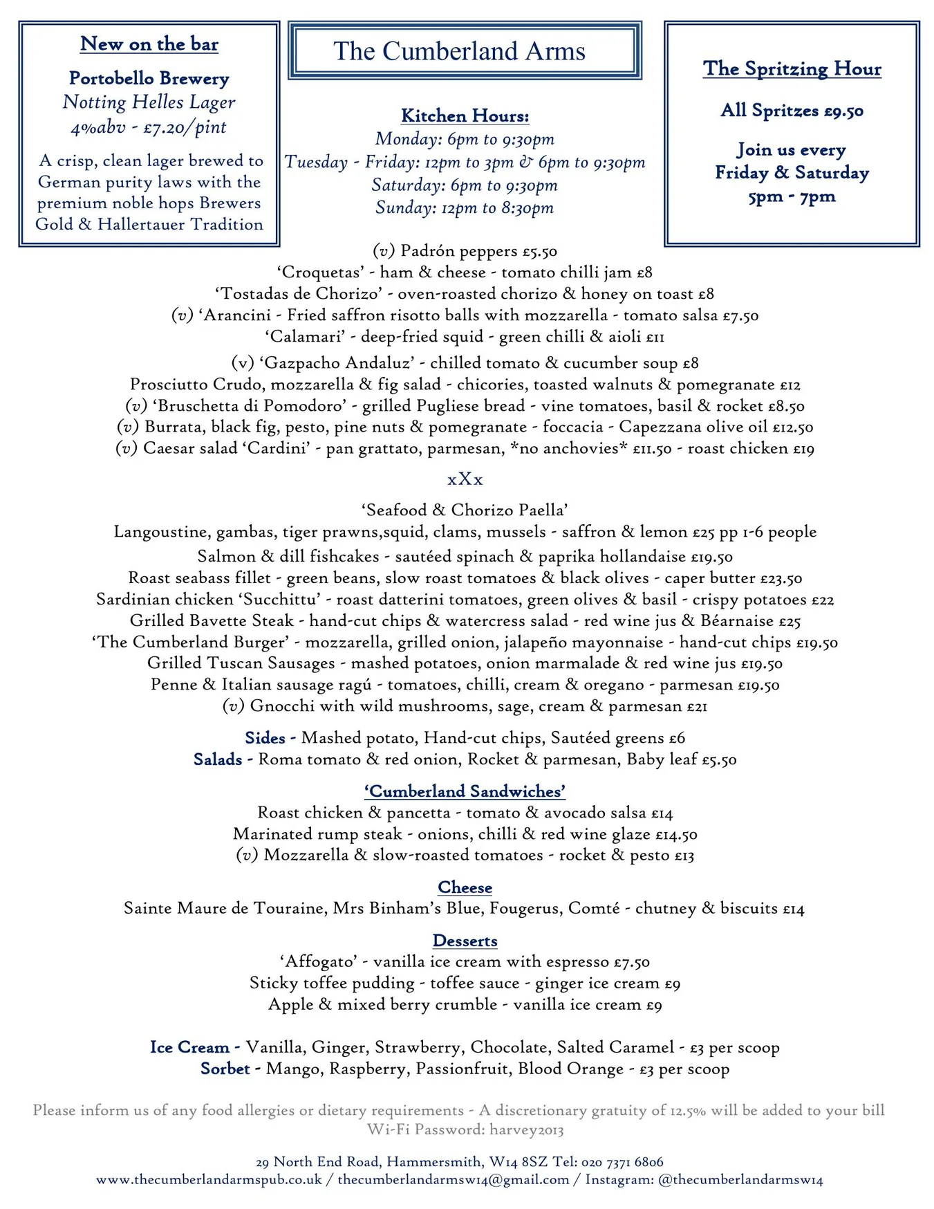 The Cumberland Arms menu, page 5