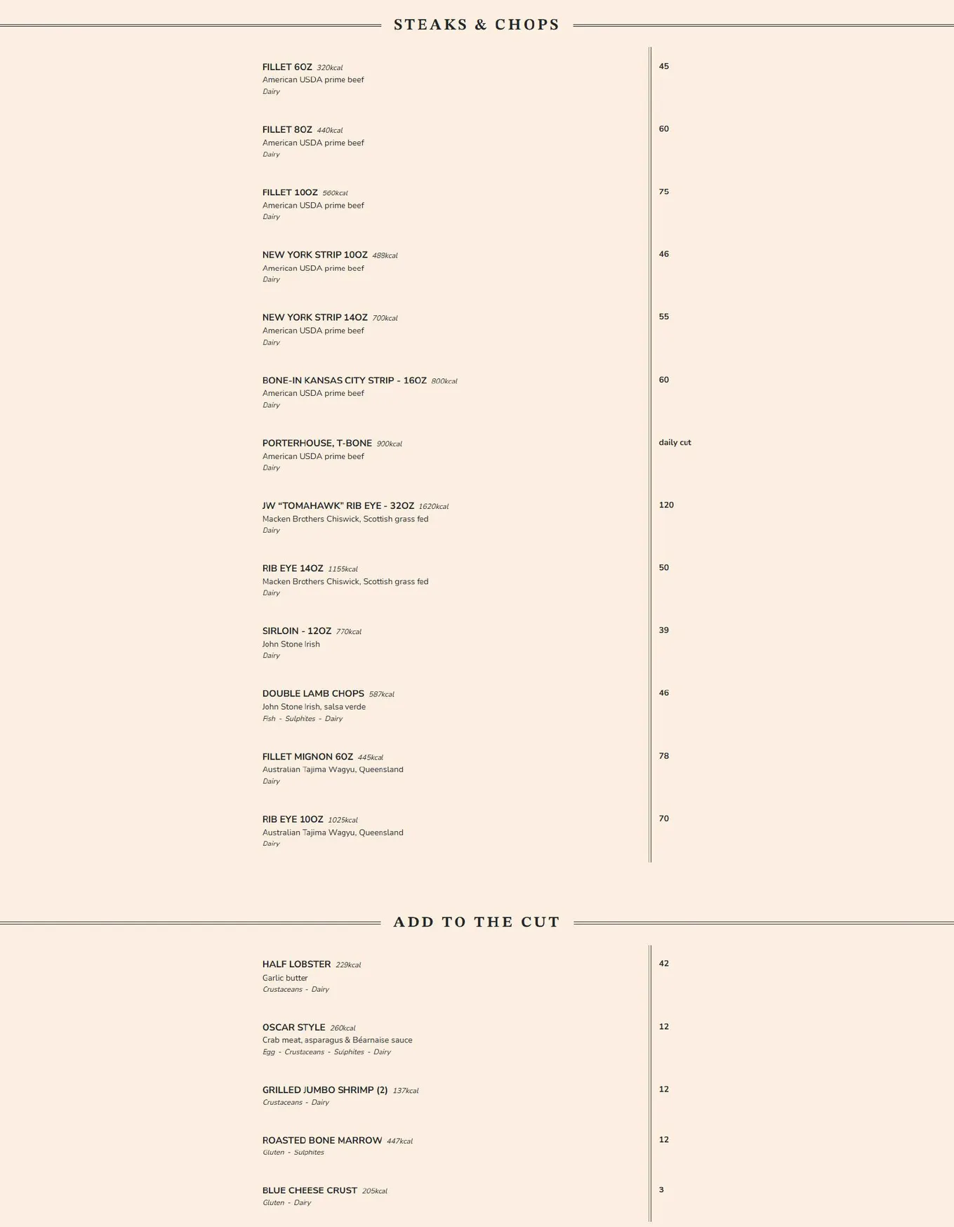 JW Steakhouse menu, page 7