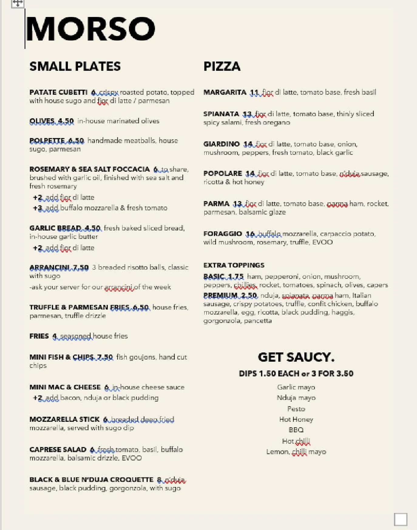 Morso Italian menu, page 1