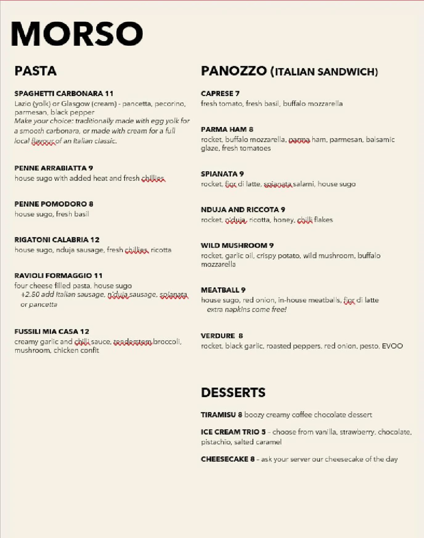 Morso Italian menu, page 2