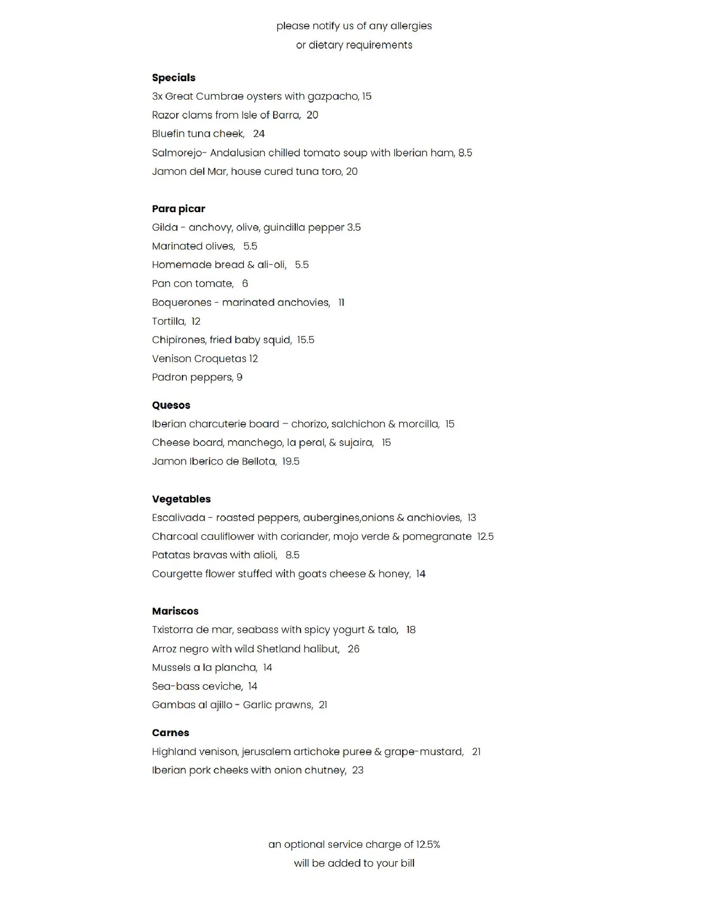 Maresco menu, page 1