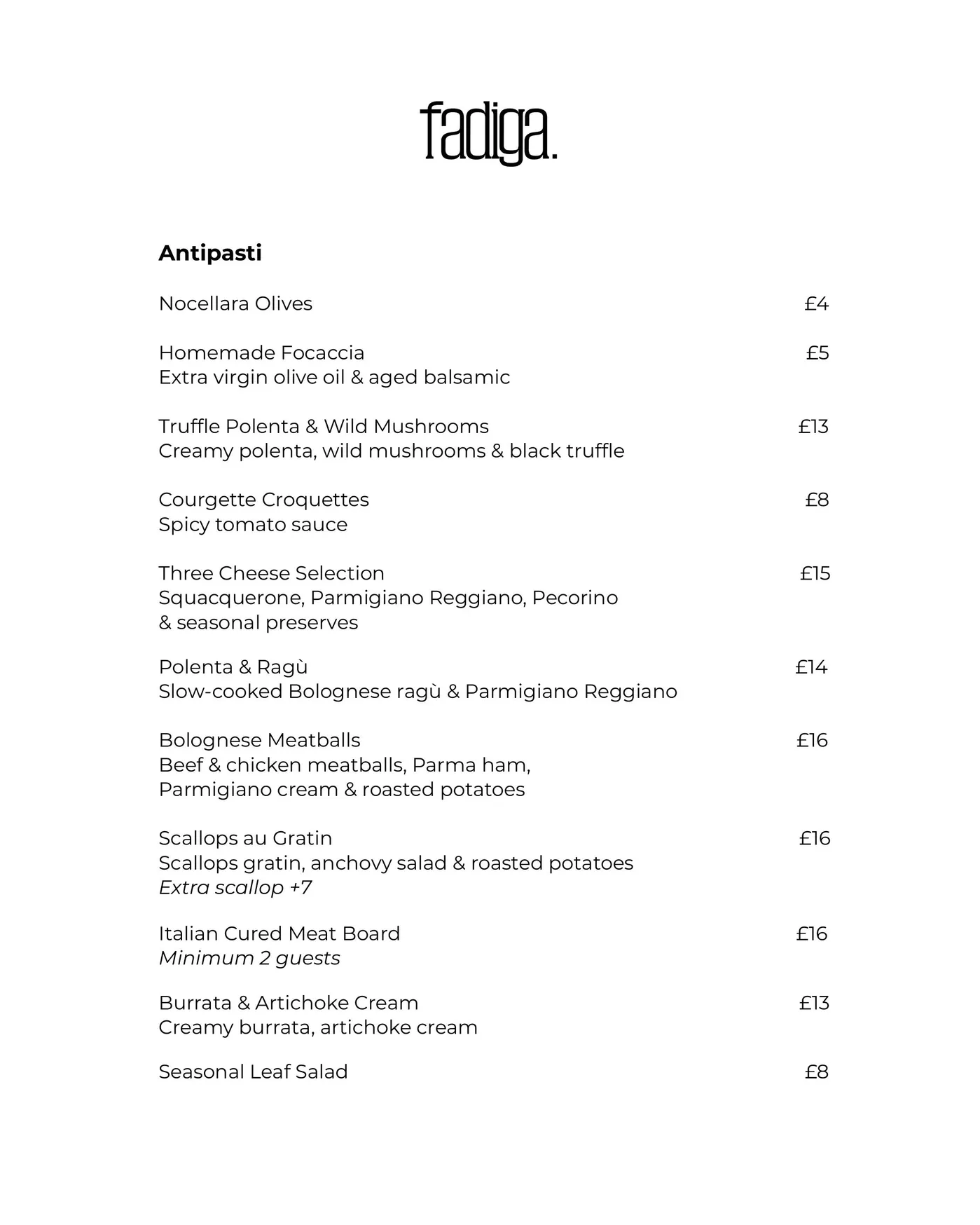 Fadiga Ristorante Bolognese menu, page 1