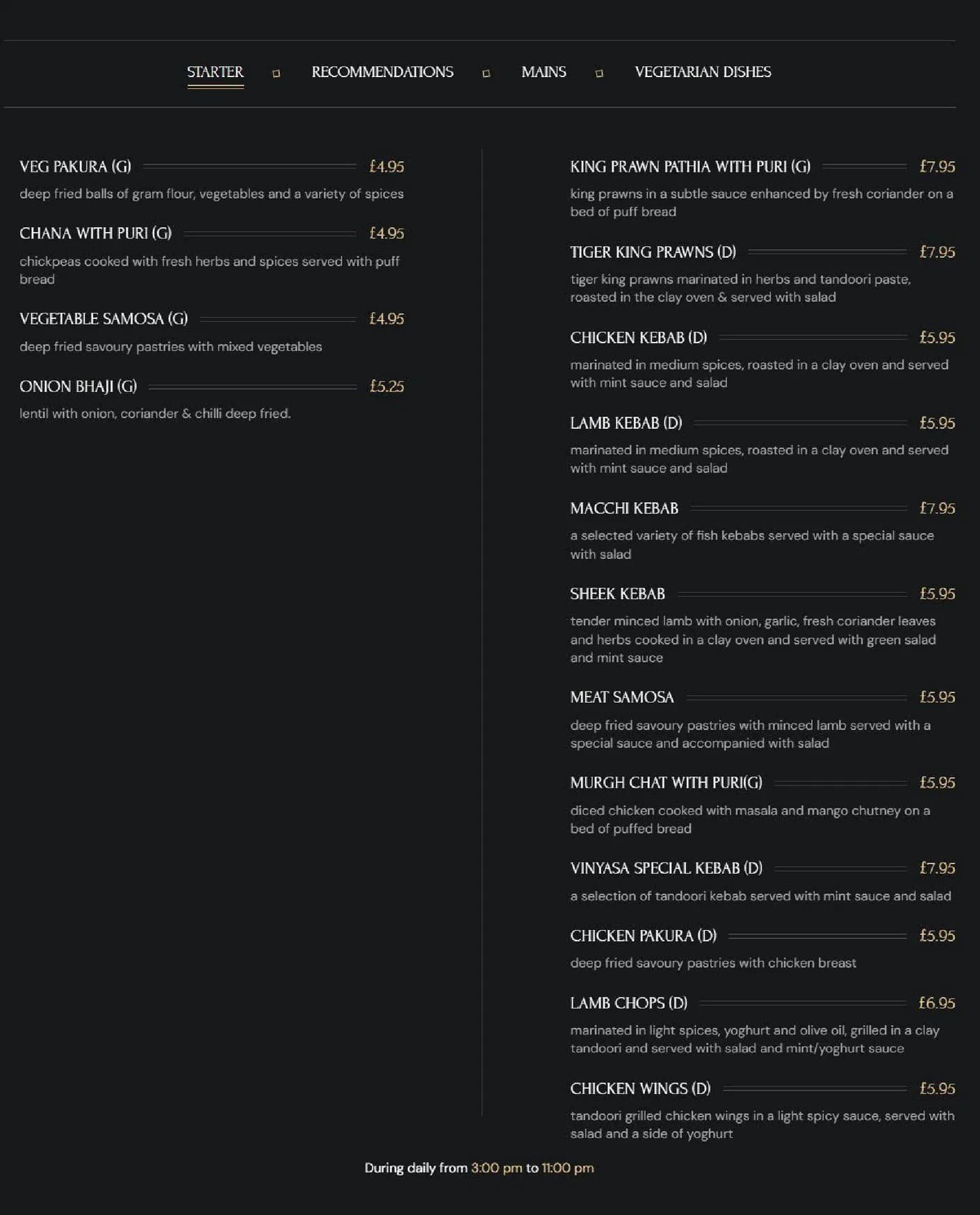 Vinyasa menu, page 1