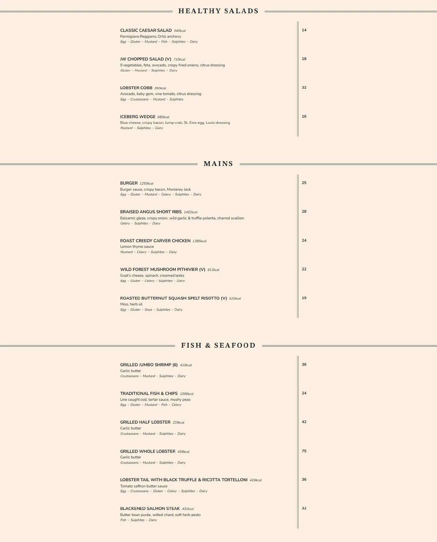 JW Steakhouse menu, page 6