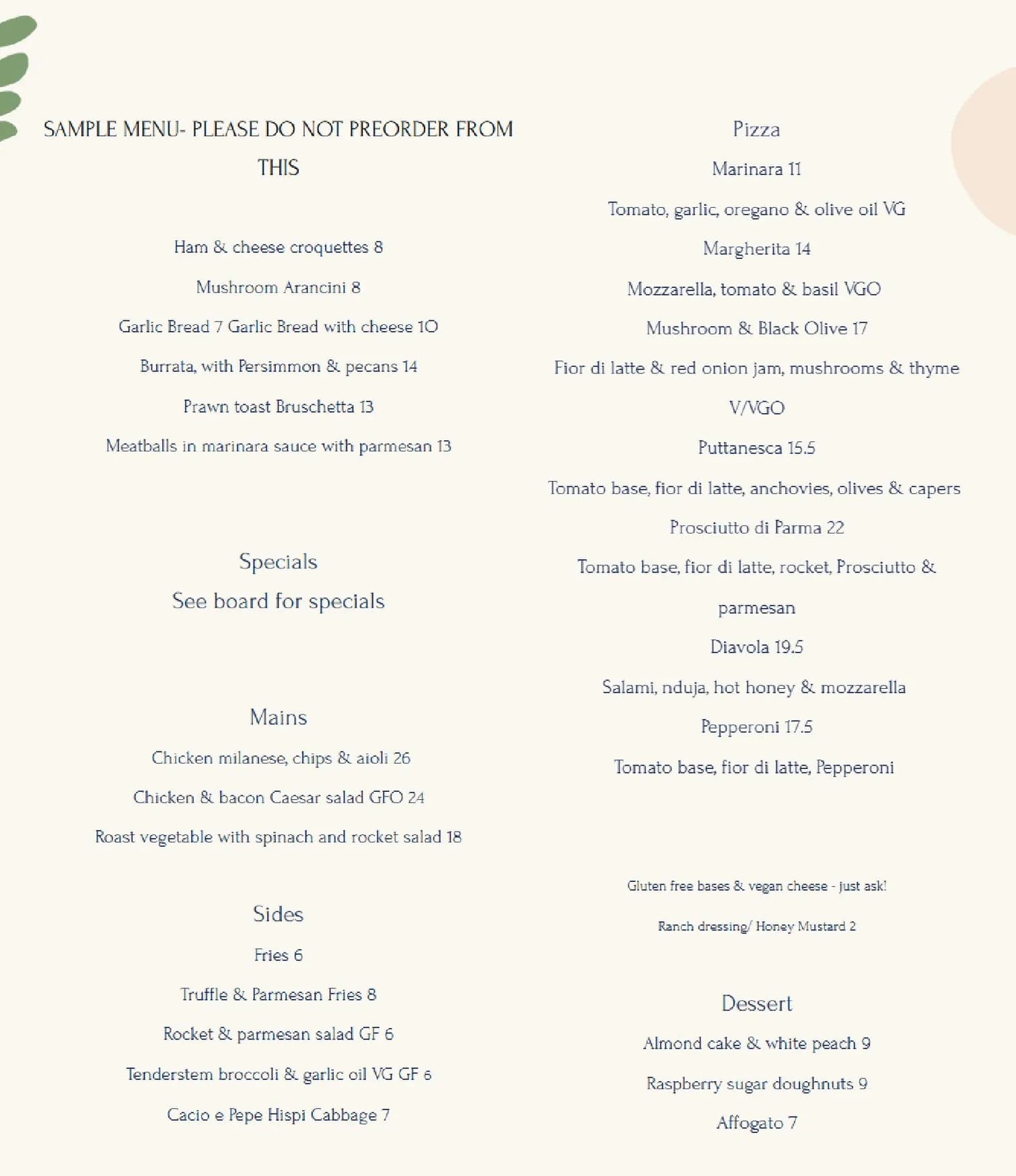 Clifford's menu, page 1