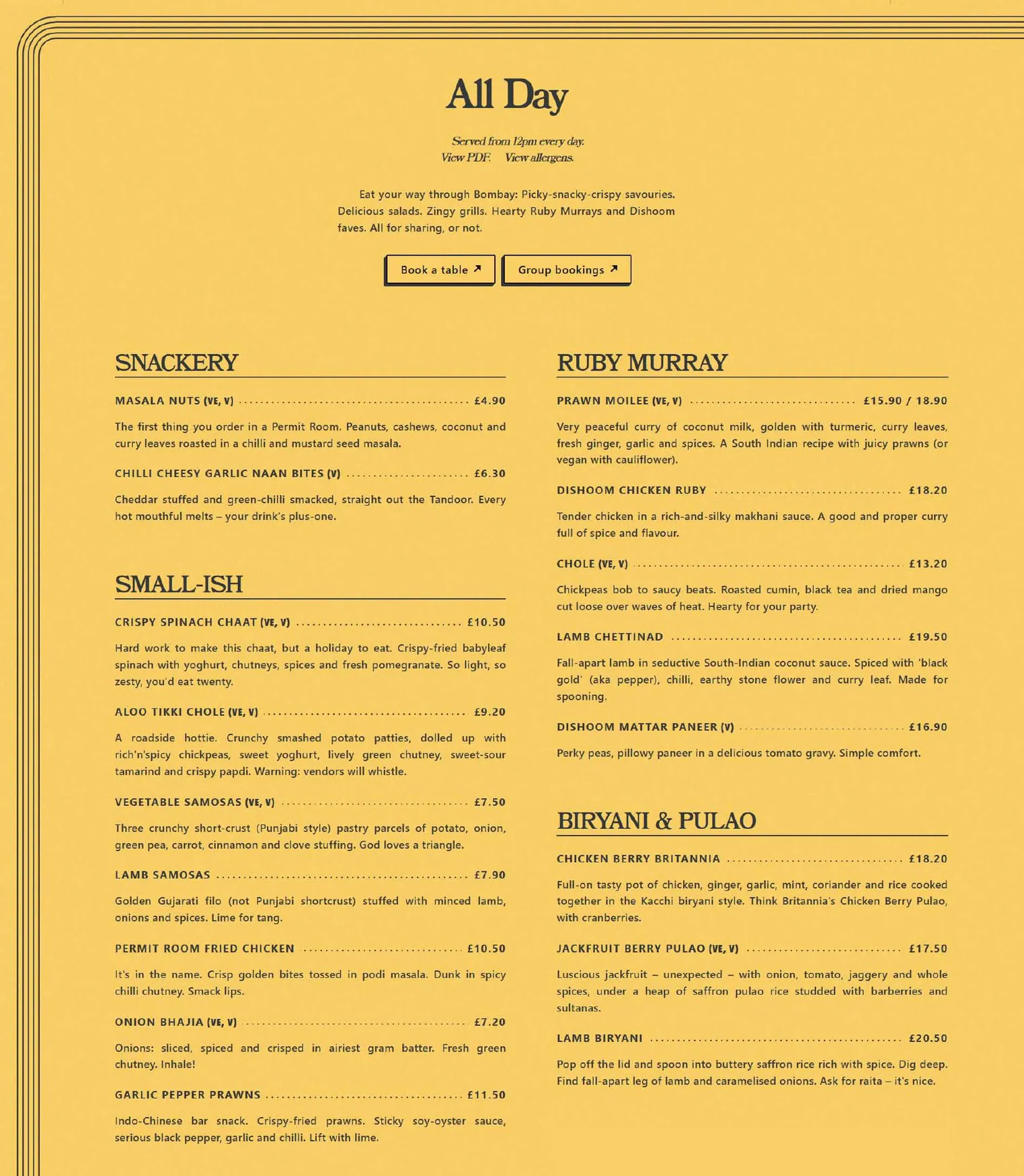 Dishoom Permit Room menu, page 1