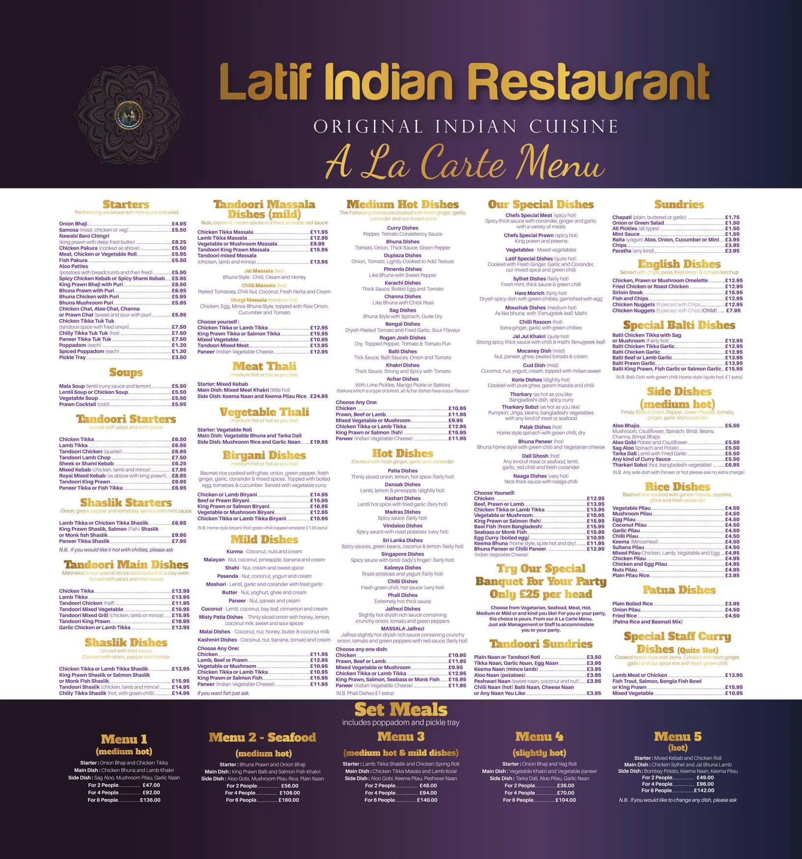 Latif Indian Restaurant menu, page 1