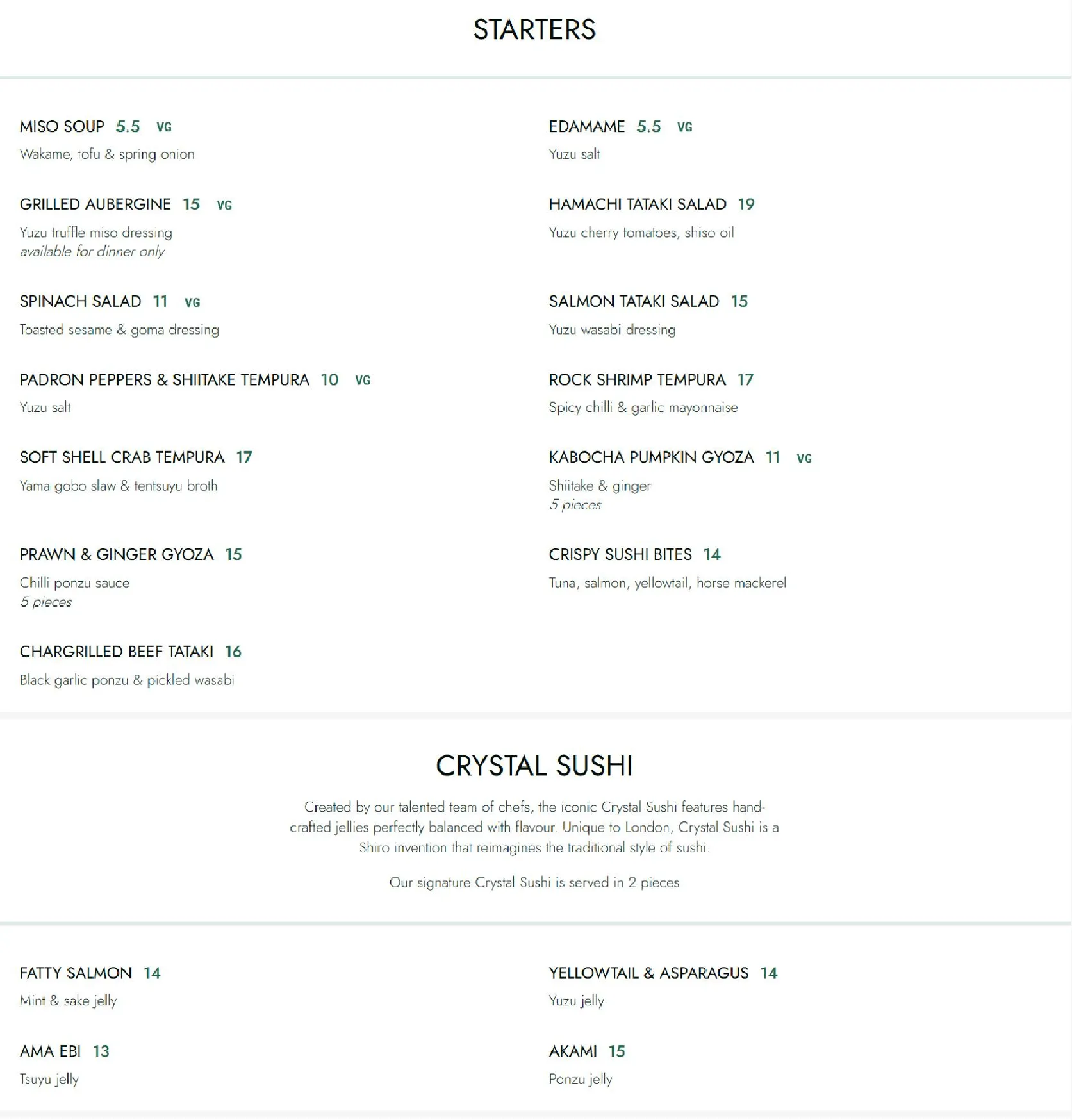 Shiro Sushi menu, page 1