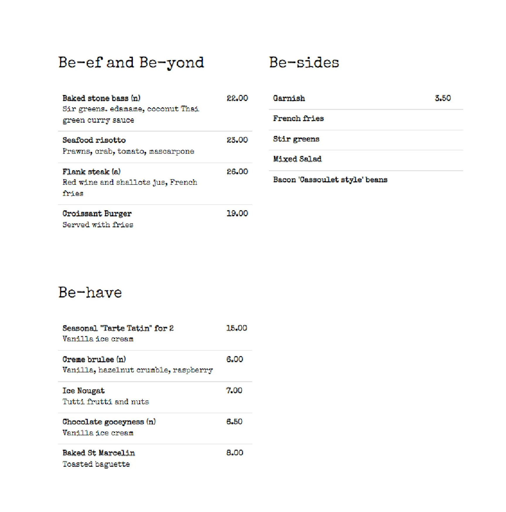 Be-stro menu, page 2