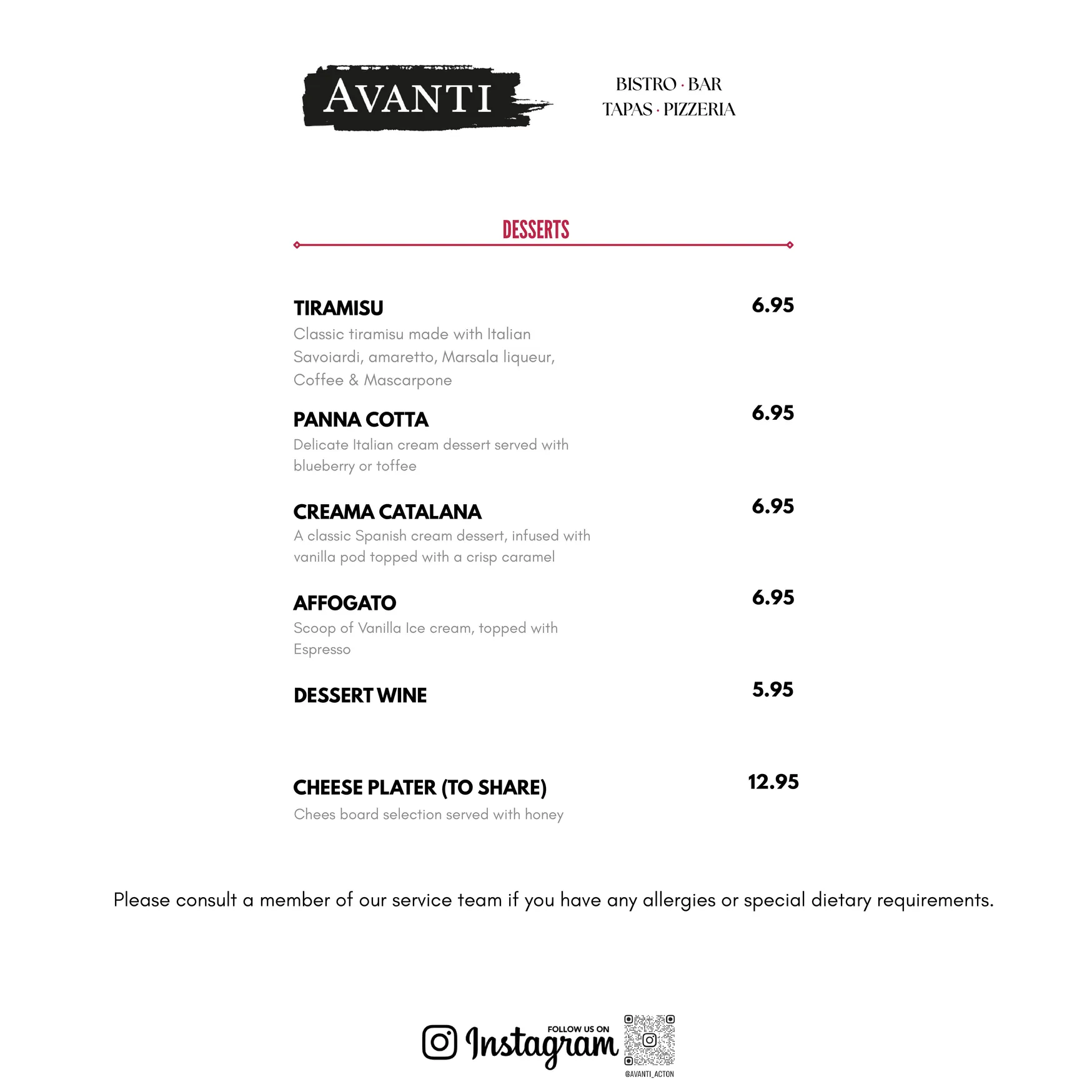 Avanti Acton menu, page 1