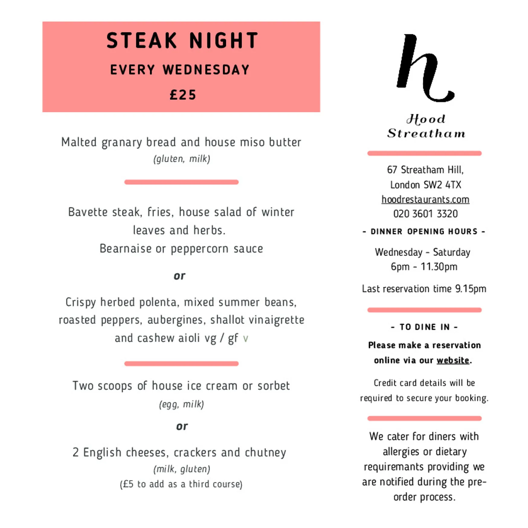 Hood Streatham menu, page 2