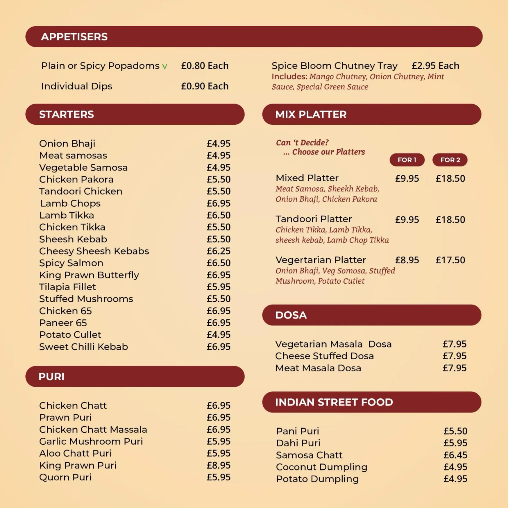 Spice Bloom Indian Restaurant menu, page 1