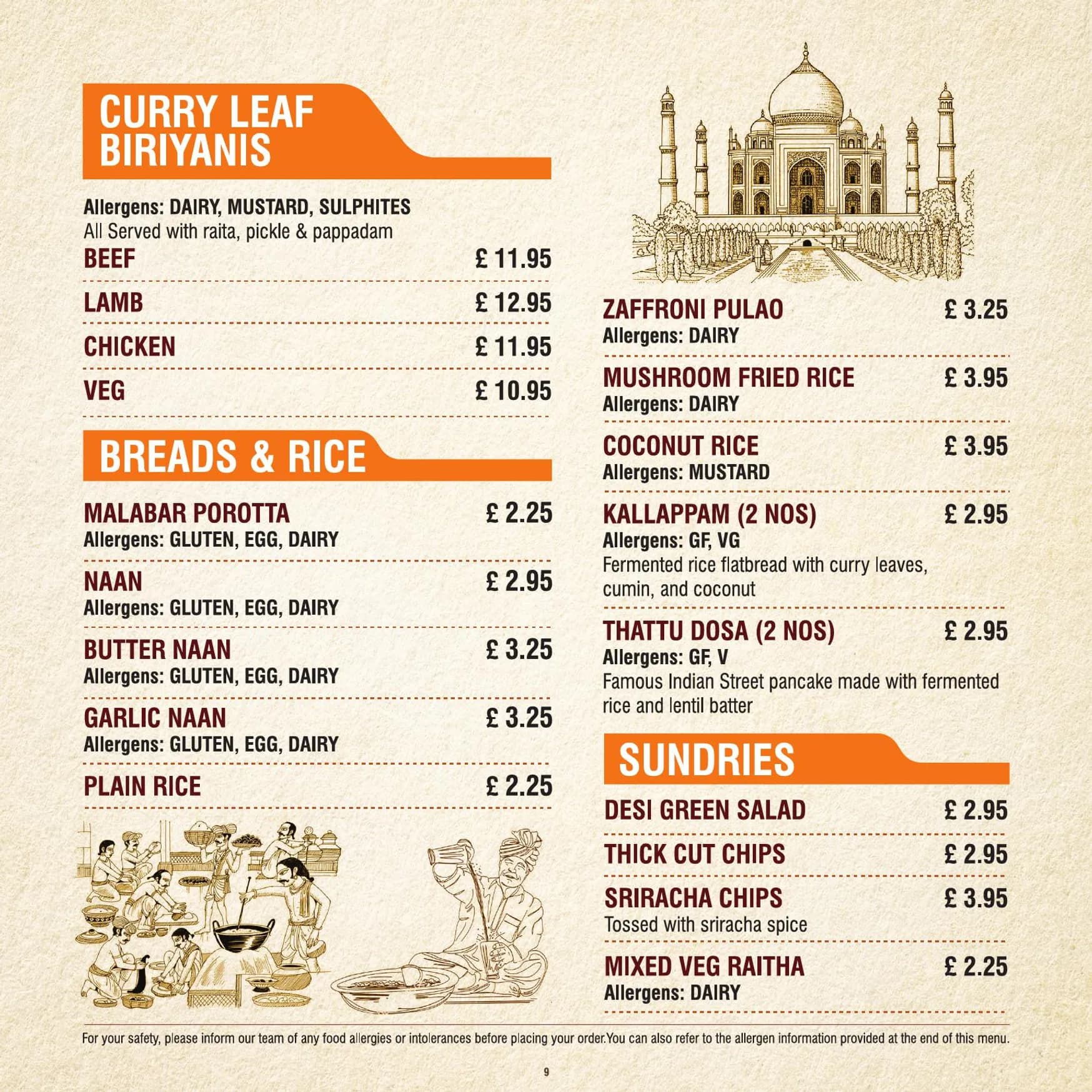 Curry Leaf menu, page 9