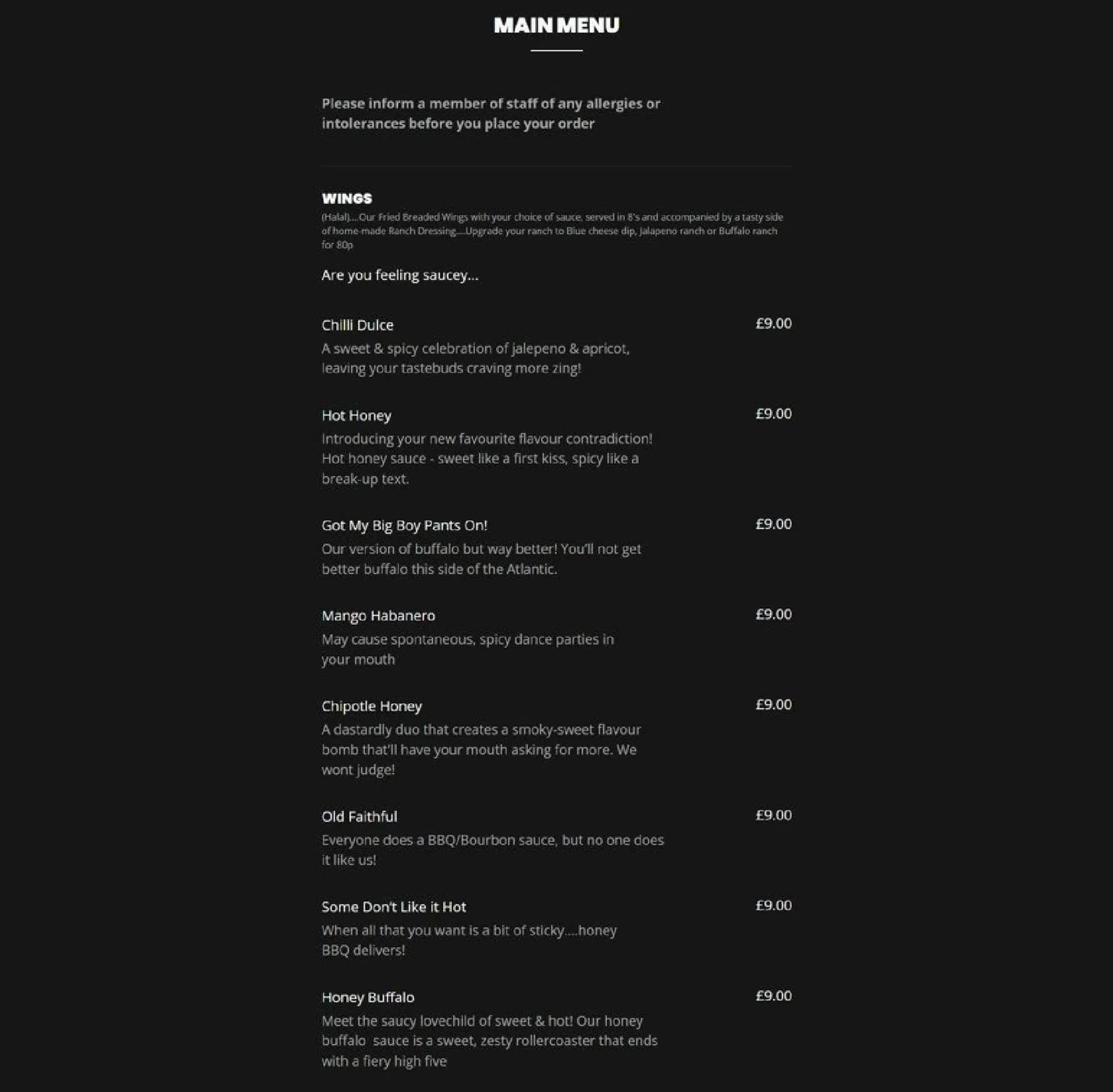 Hen & Hops menu, page 1