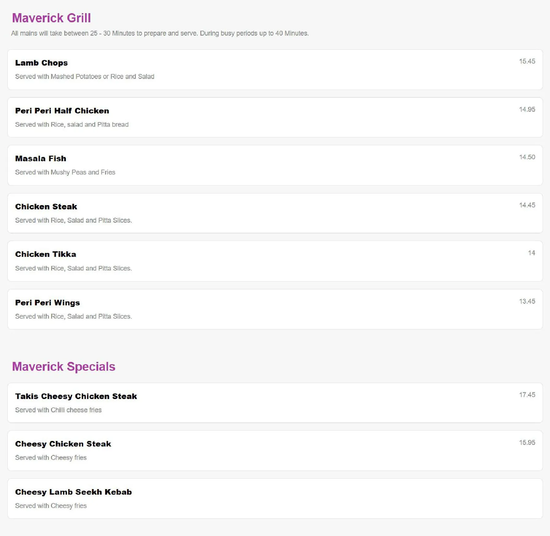Maverick Lounge menu, page 2