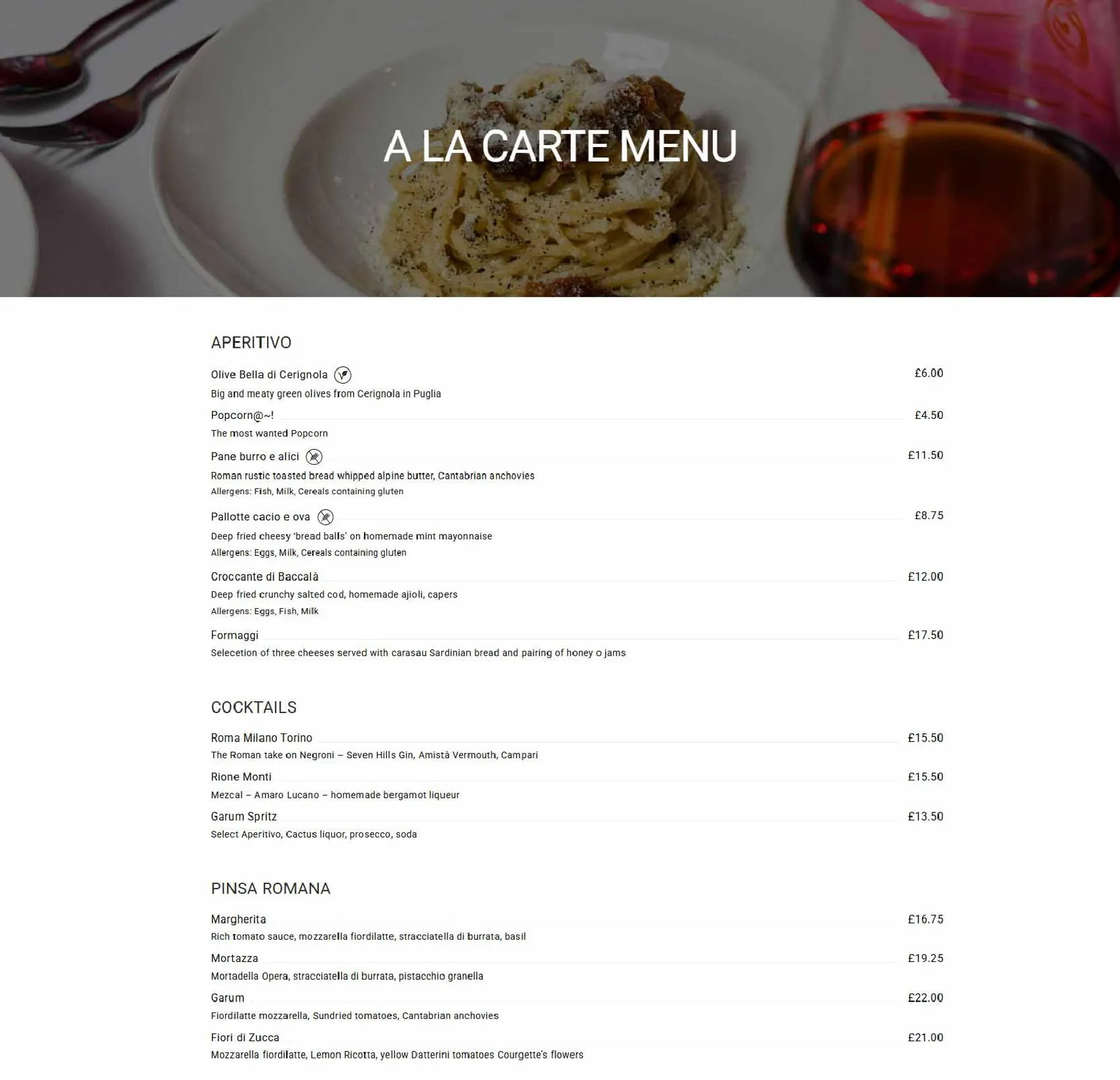 Garum menu, page 1