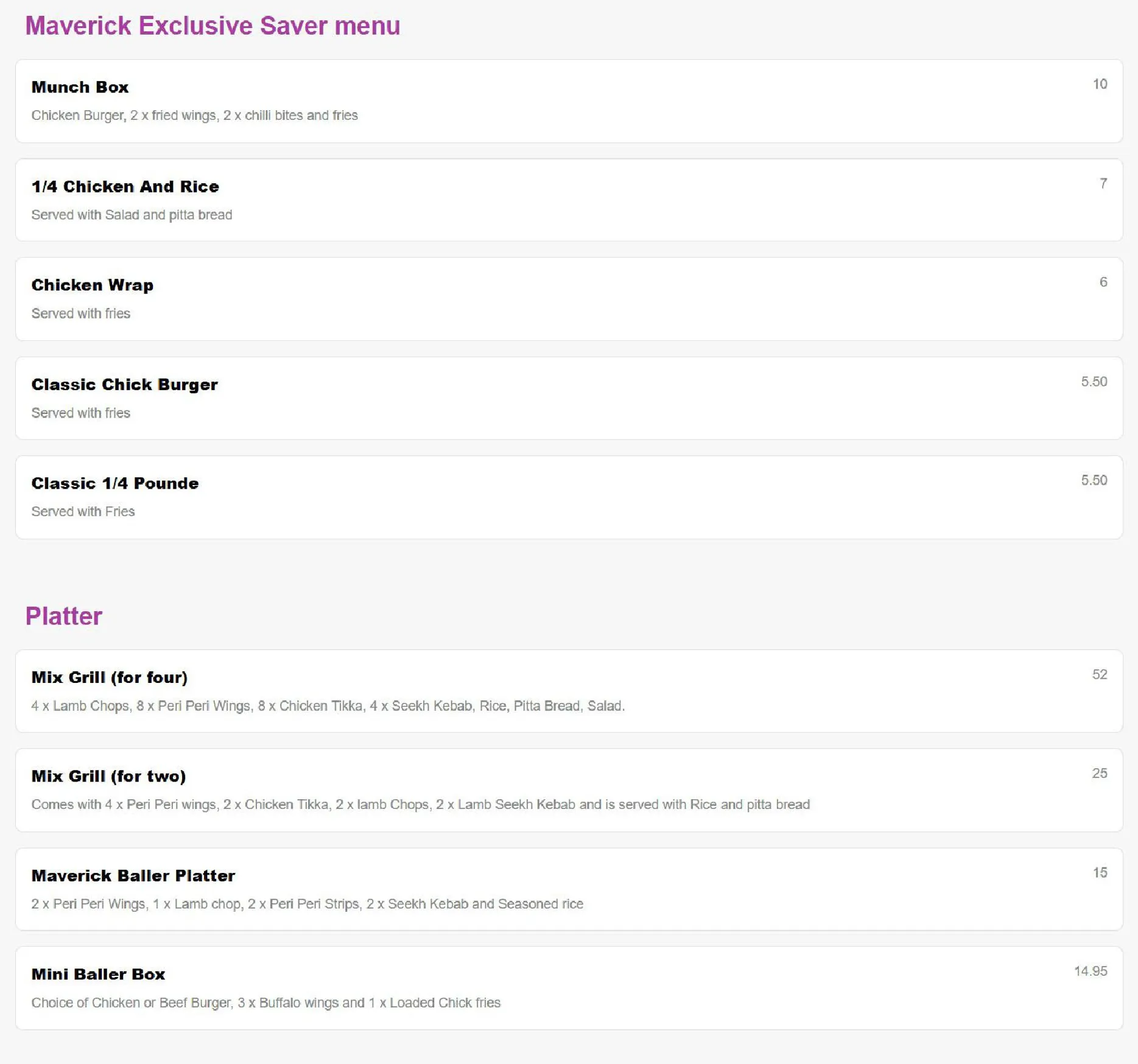 Maverick Lounge menu, page 3