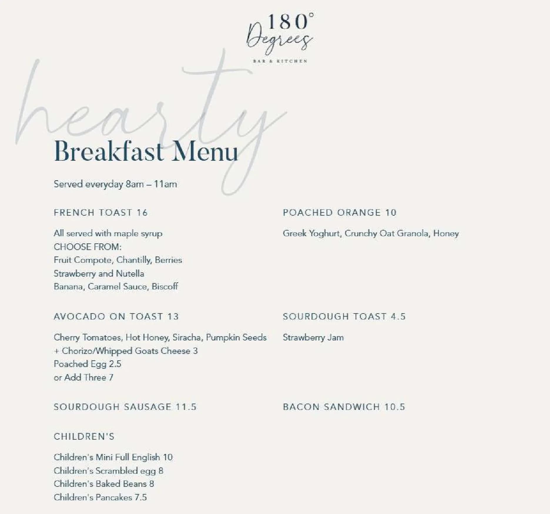 180 Degrees Bar & Kitchen menu, page 1