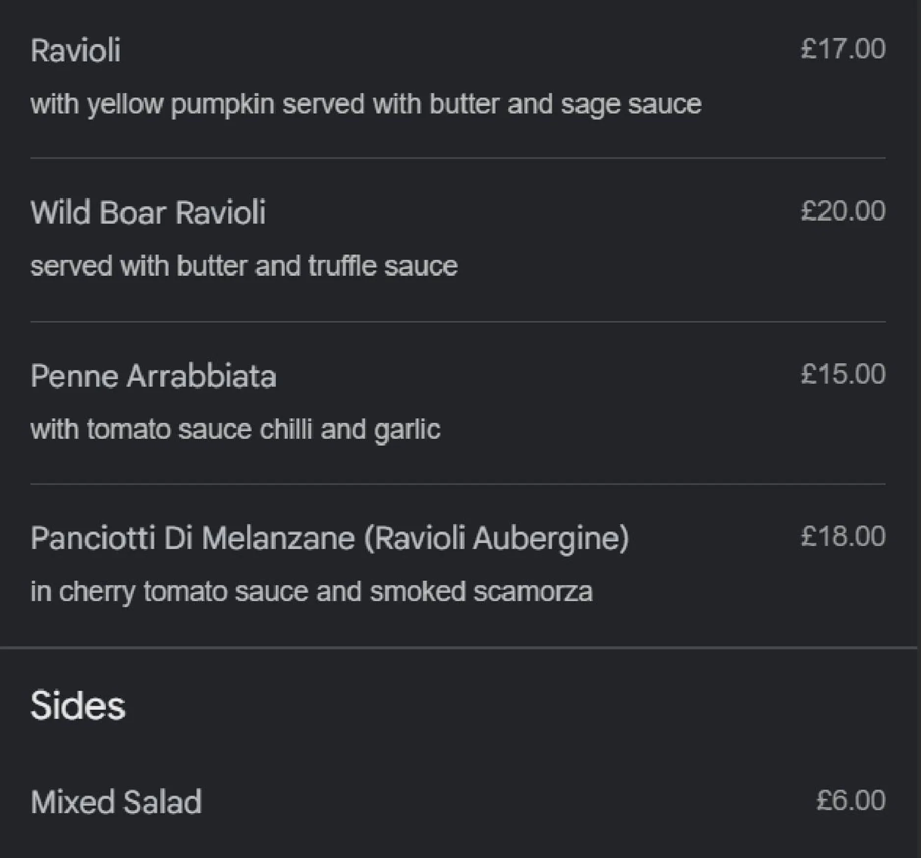 A Tavola menu, page 2