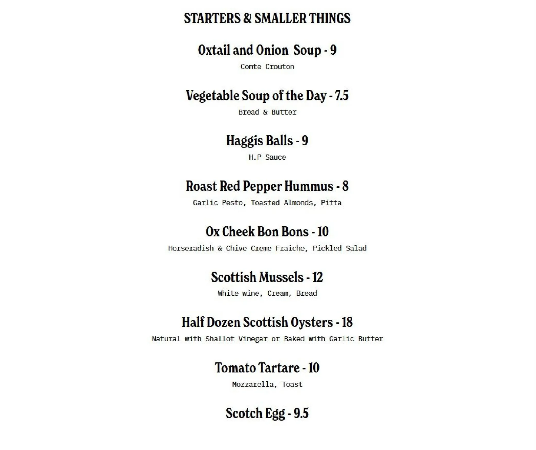 The Ox menu, page 1