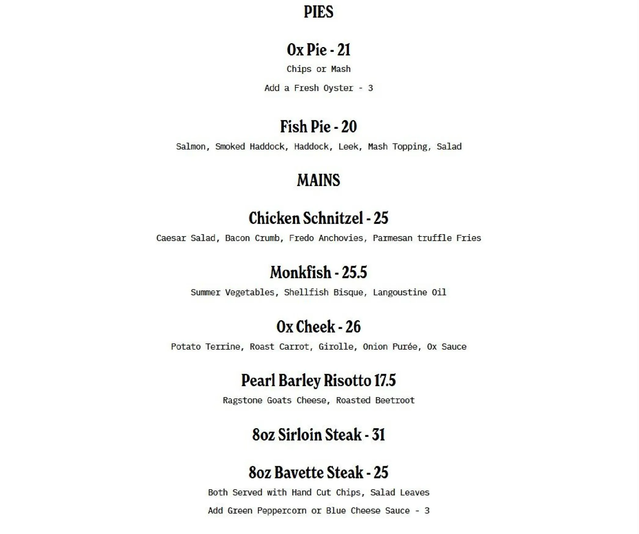 The Ox menu, page 2