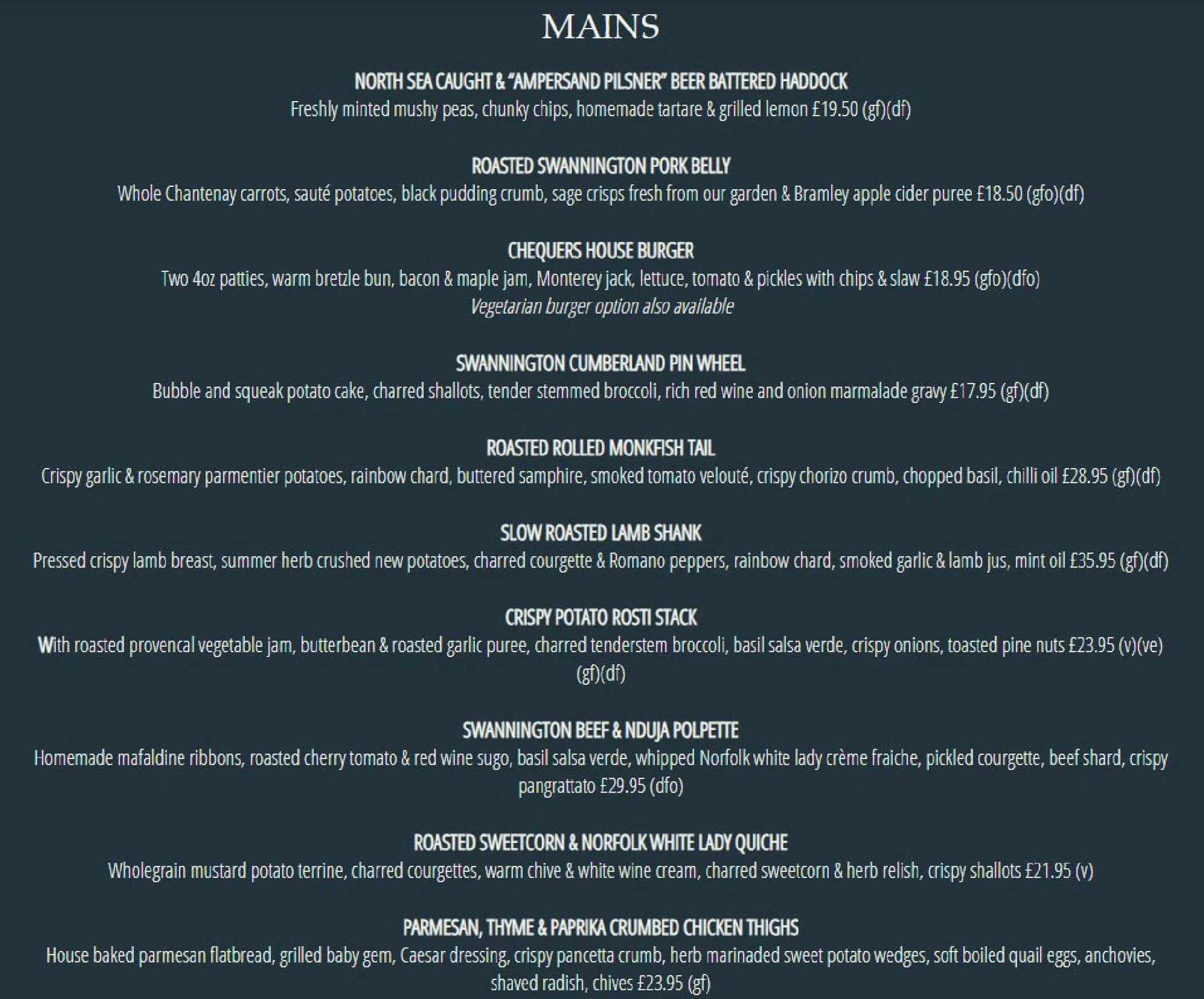 The Chequers Inn menu, page 2