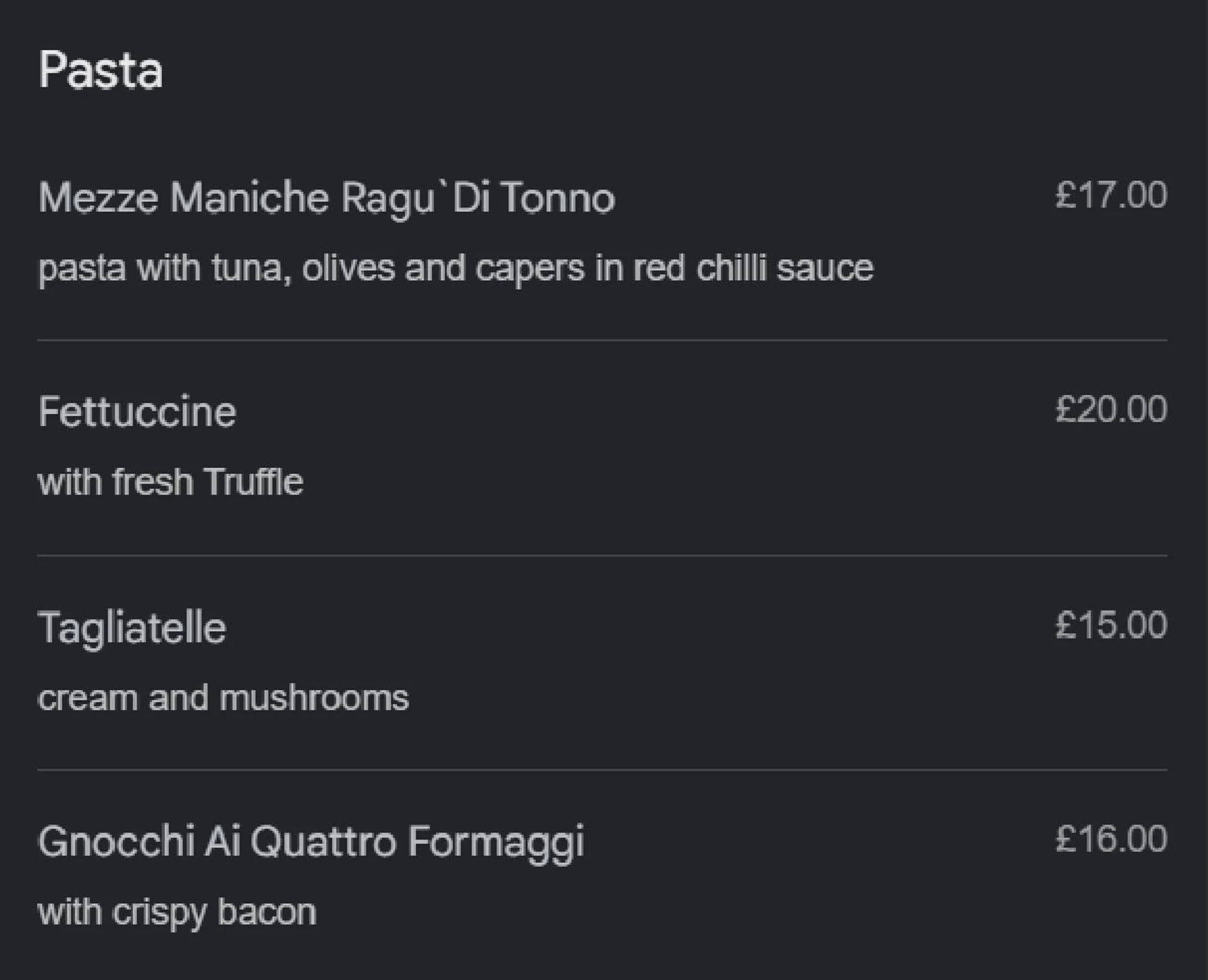 A Tavola menu, page 1