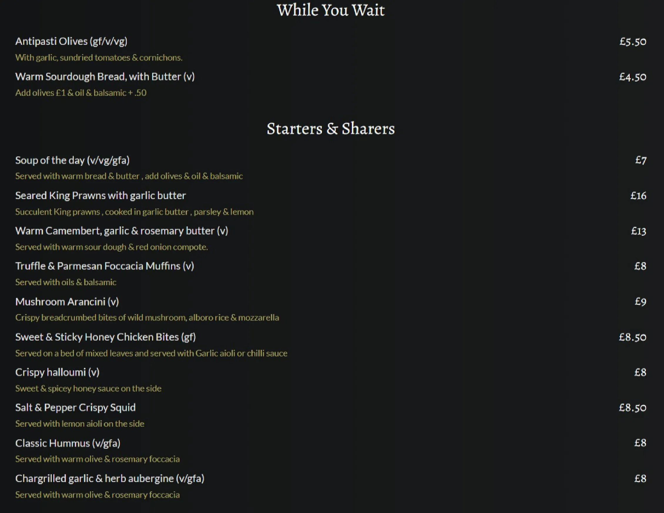 Lock & Quay menu, page 1