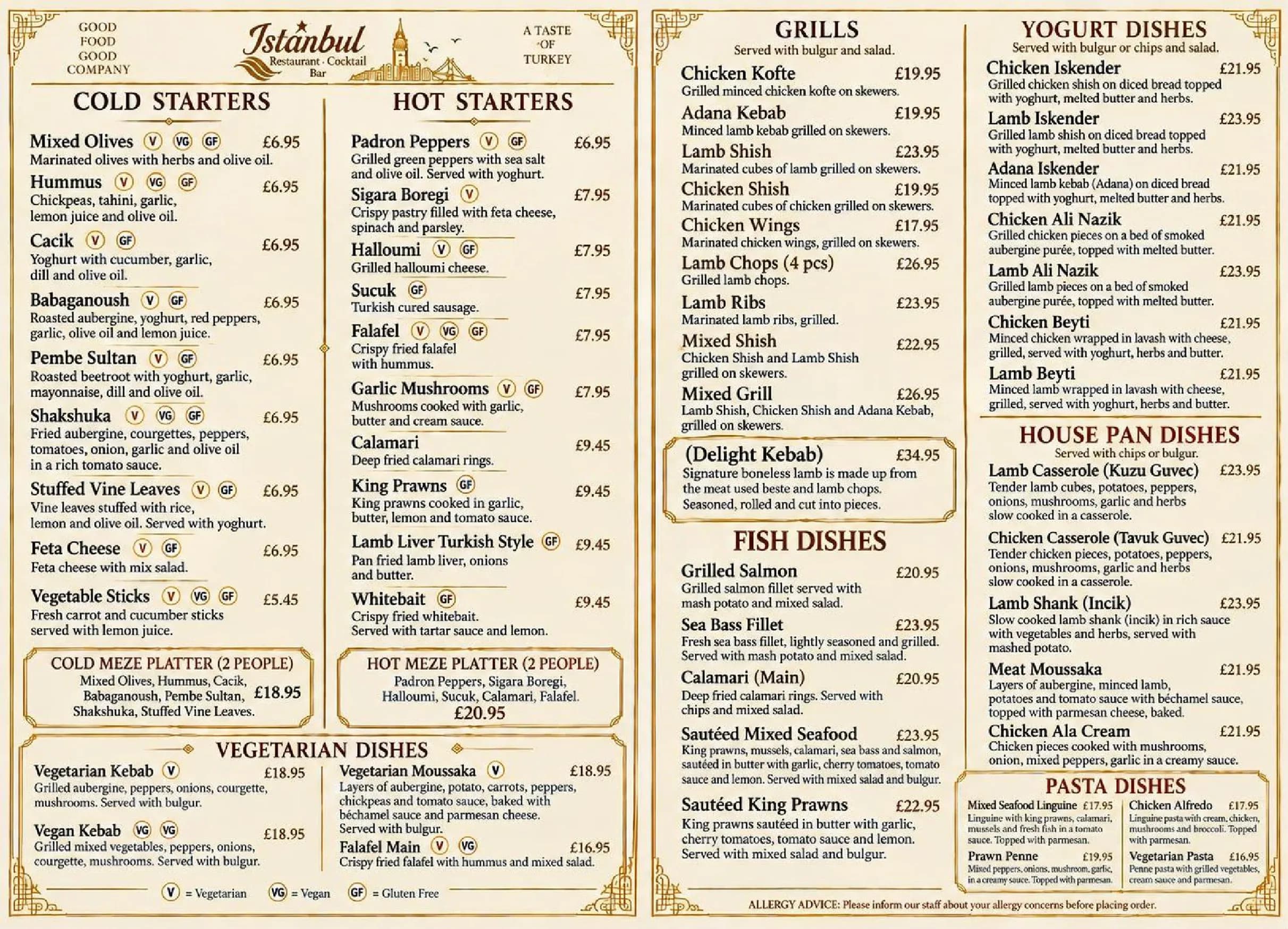 Istanbul Restaurant menu, page 1