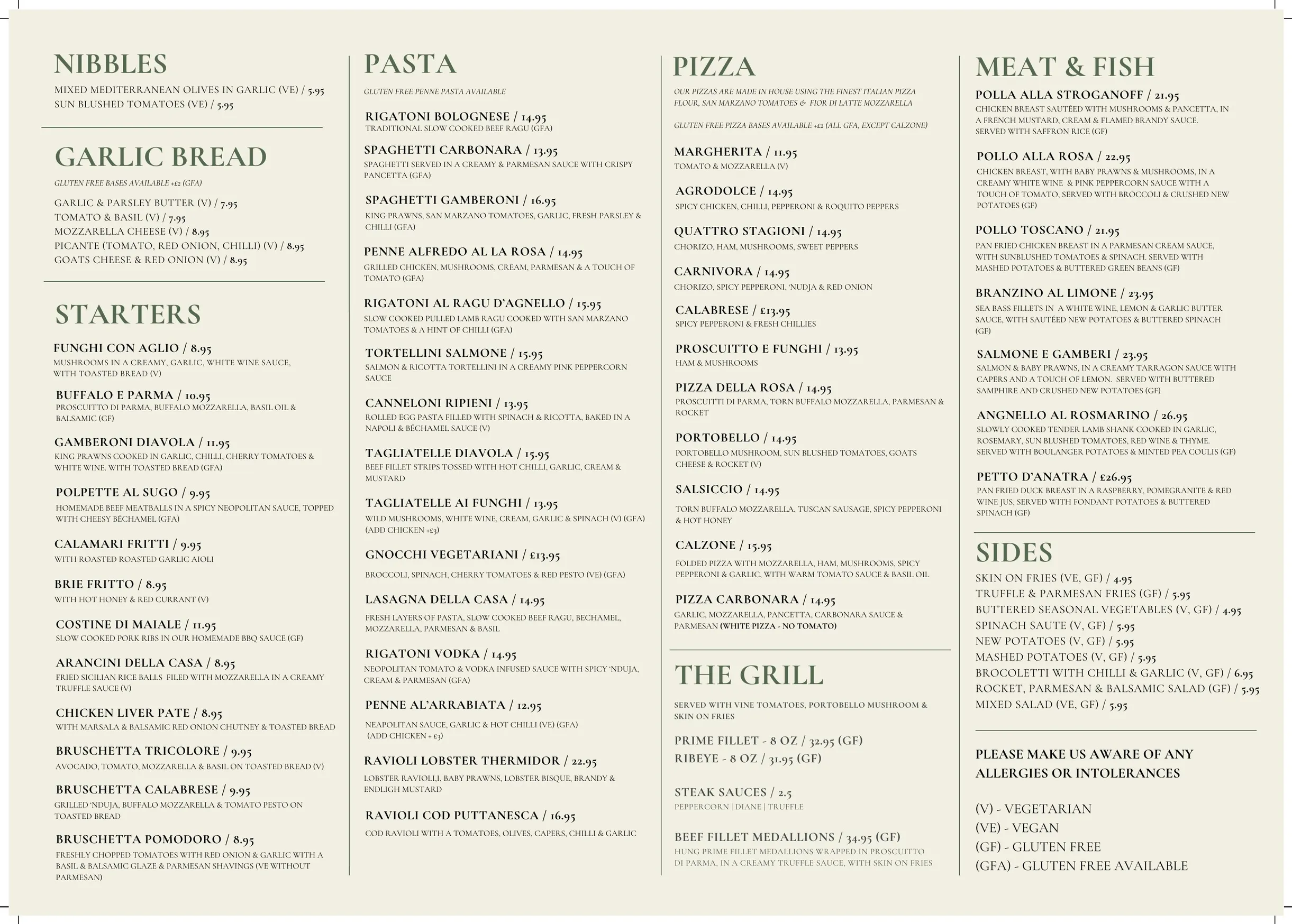 Rosa Restaurant menu, page 1