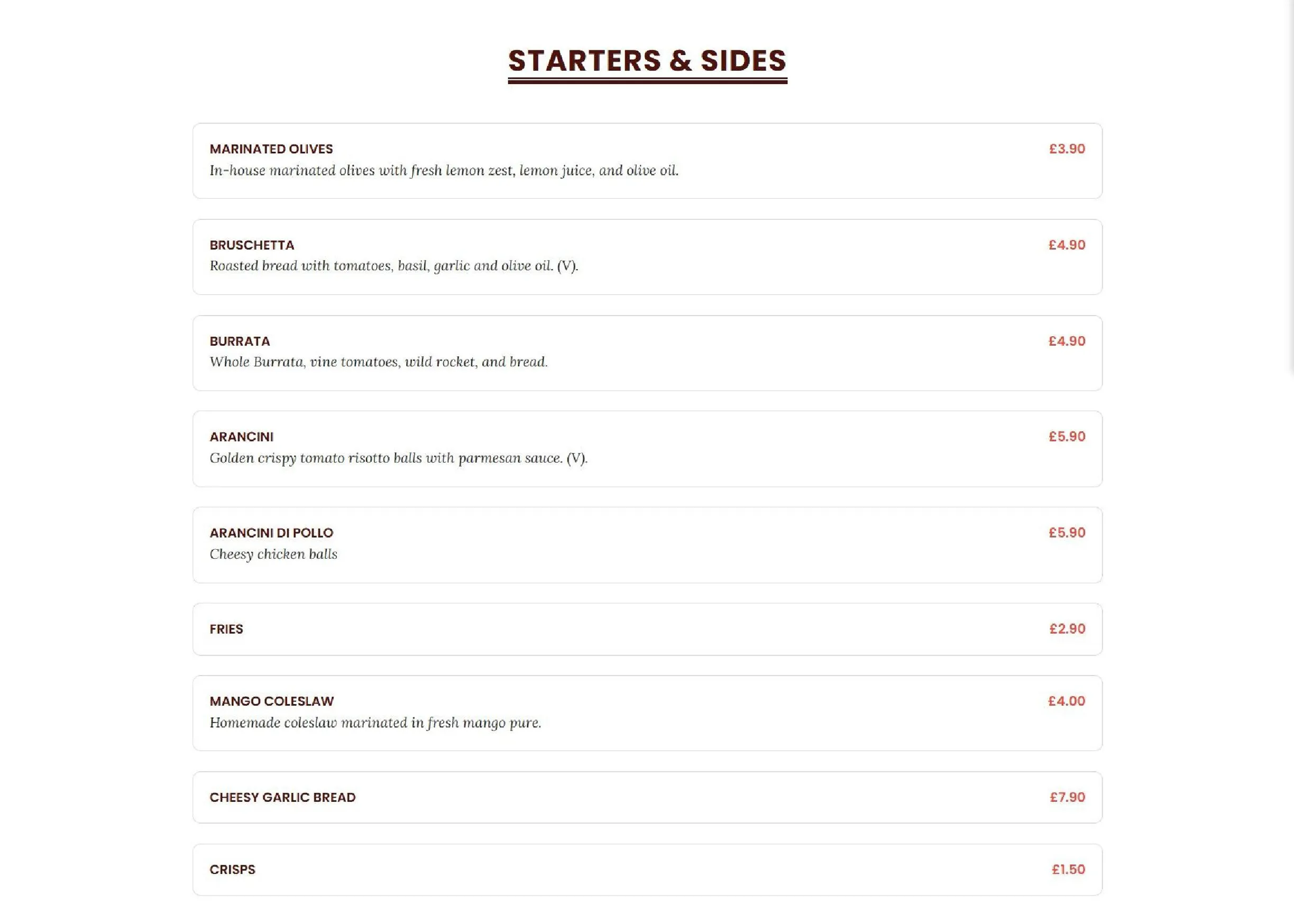 Dough & Fire menu, page 1